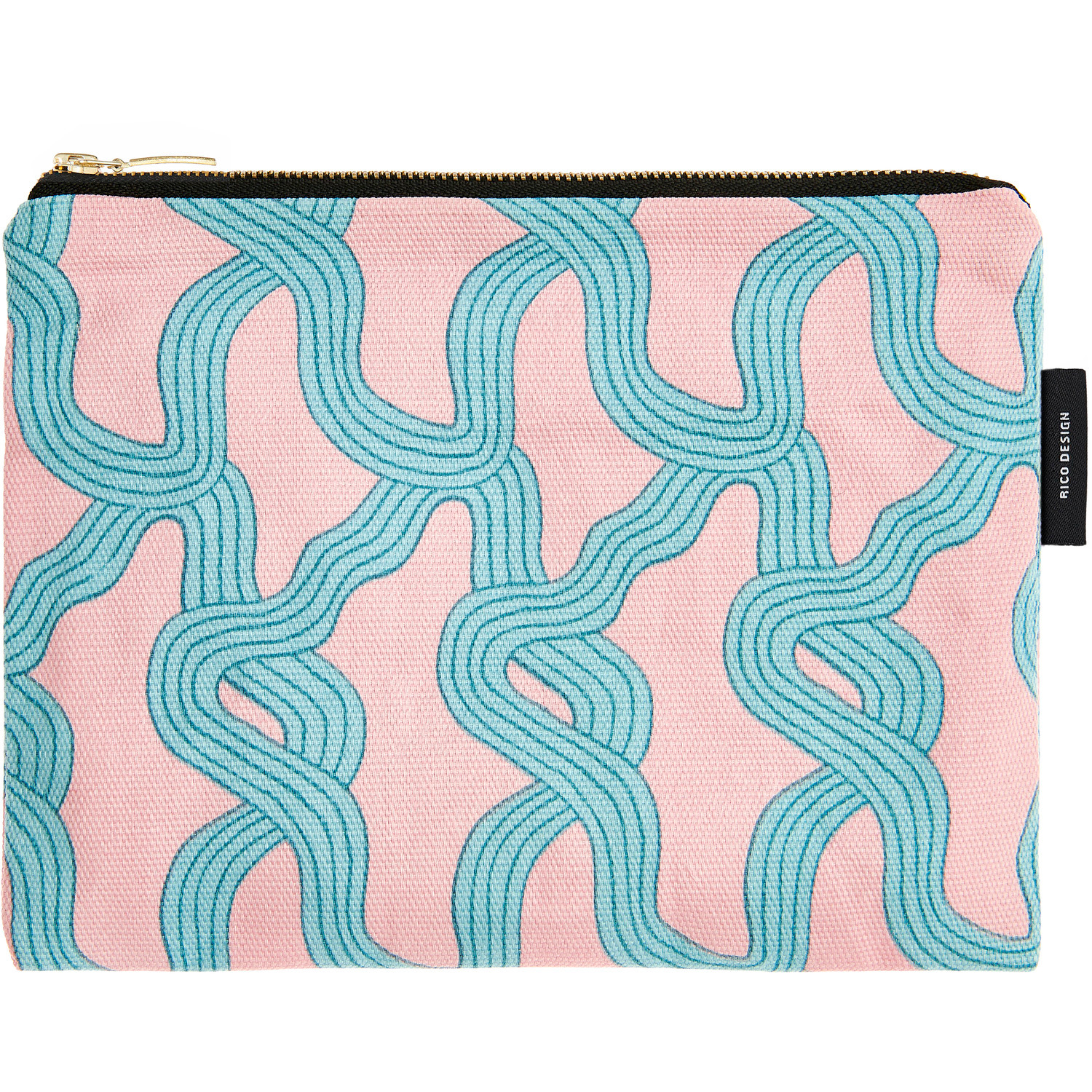 Canvas-Pouches Myzel Rosa mit blauem, wellenförmigem Muster, 17x23cm, von Rico Design. Ideal für stilvolle Aufbewahrung.