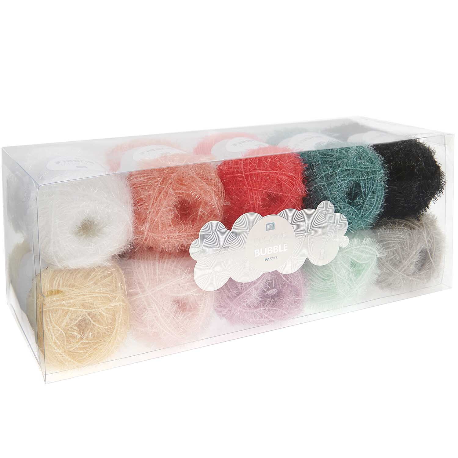 Creative Bubble Set Pastel Colours: Zehn bunte Garnknäuel in einer transparenten Box, ideal für kreative Projekte.