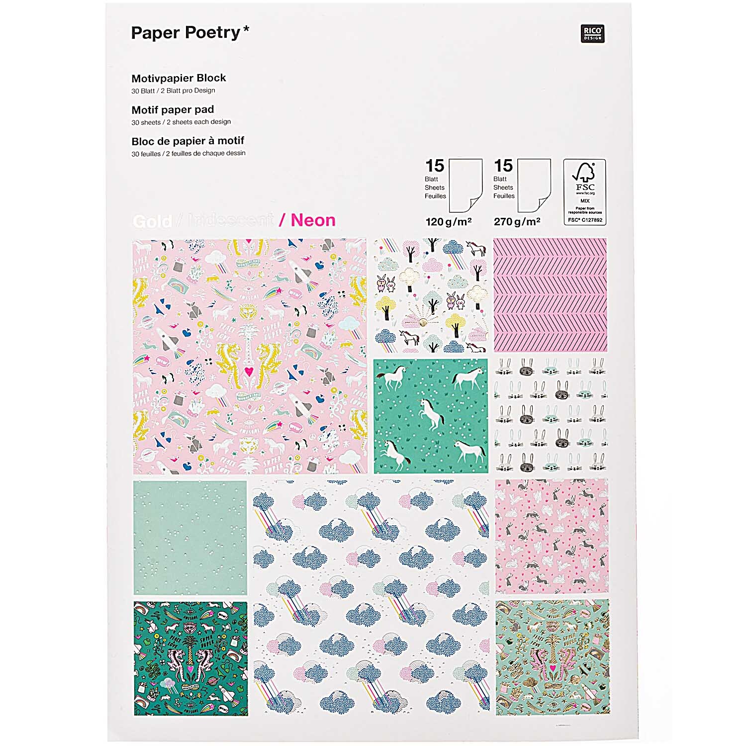 Paper Poetry Motivpapier Block Wonderland mit 30 Blättern zeigt bunte, verspielte Designs. Ideal für kreative Projekte und Bastelarbeiten.