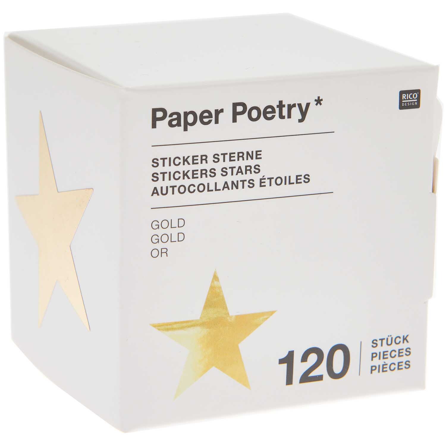 Paper Poetry Sticker Sterne 5cm 120 Stück auf der Rolle Hot Foil Farbe Gold von Rico Design Paper Poetry Sticker Sterne auf Rolle, 120 Stück. Goldene Sterne von Rico Design auf weißem Hintergrund. Ideal für kreative Projekte.