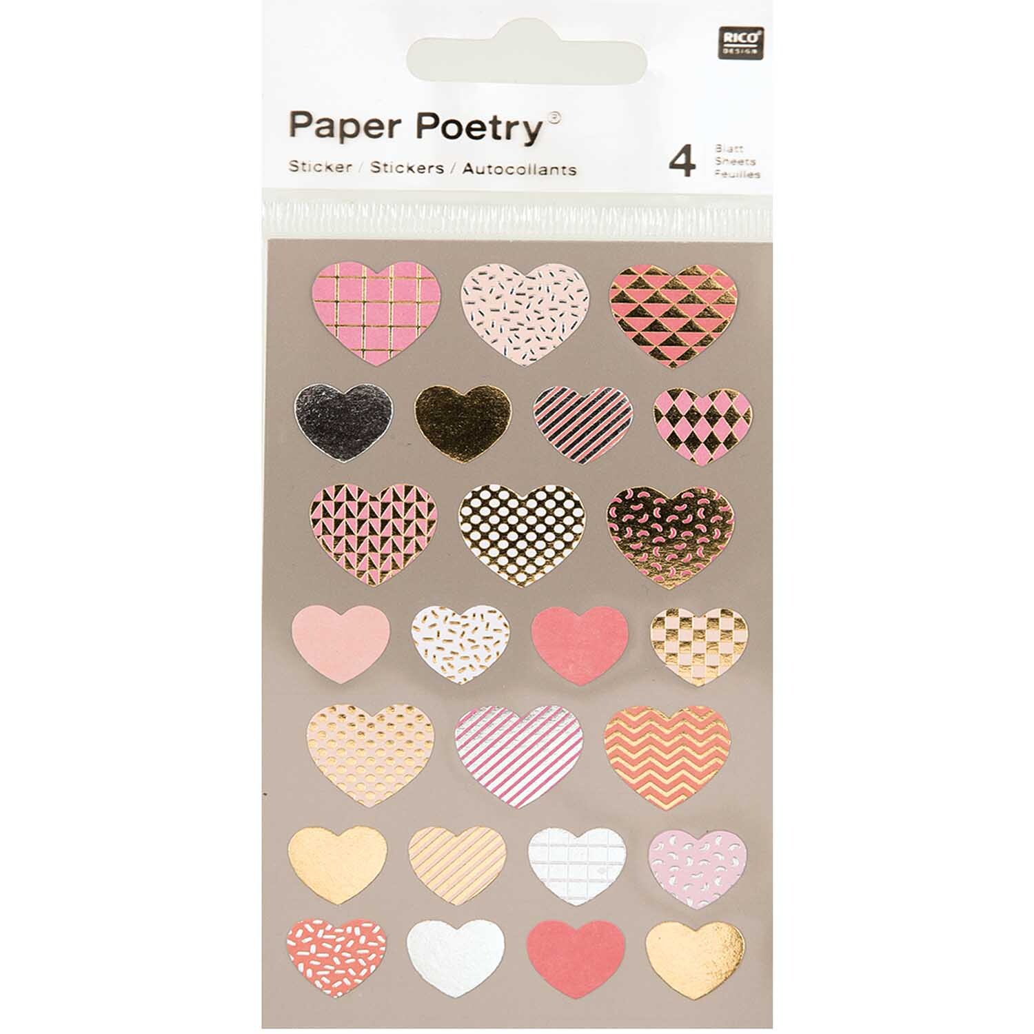 Paper Poetry Sticker Herzen metallic 4 Bogen von Rico Design mit verschiedenen Herzmustern in Metallic-Optik auf vier Bögen.