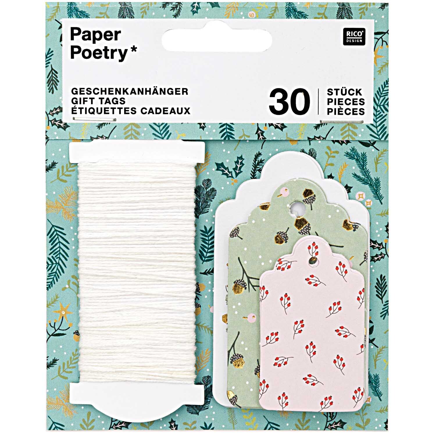 Paper Poetry Geschenkanhänger Classic Christmas, 30 Stück, mit floralen Mustern und Schnur, von Rico Design. Ideal für festliche Dekorationen.