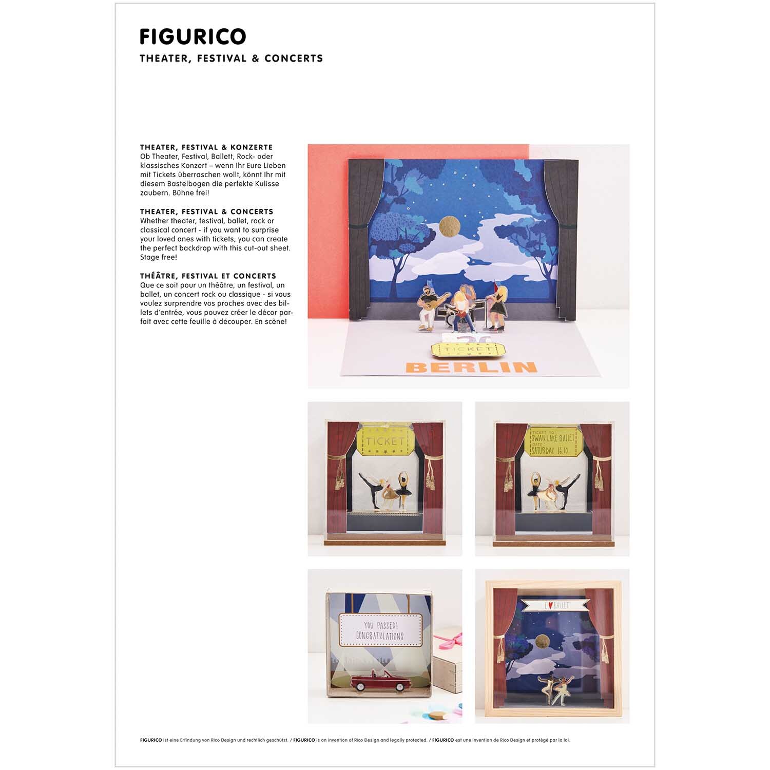Figurico Papierkulissen Block DIN A4 10 Blatt von Rico Design Figurico Papierkulissen Block DIN A4 zeigt bunte Theaterkulissen mit Figuren in verschiedenen Szenen. Ideal für kreative Bastelprojekte.