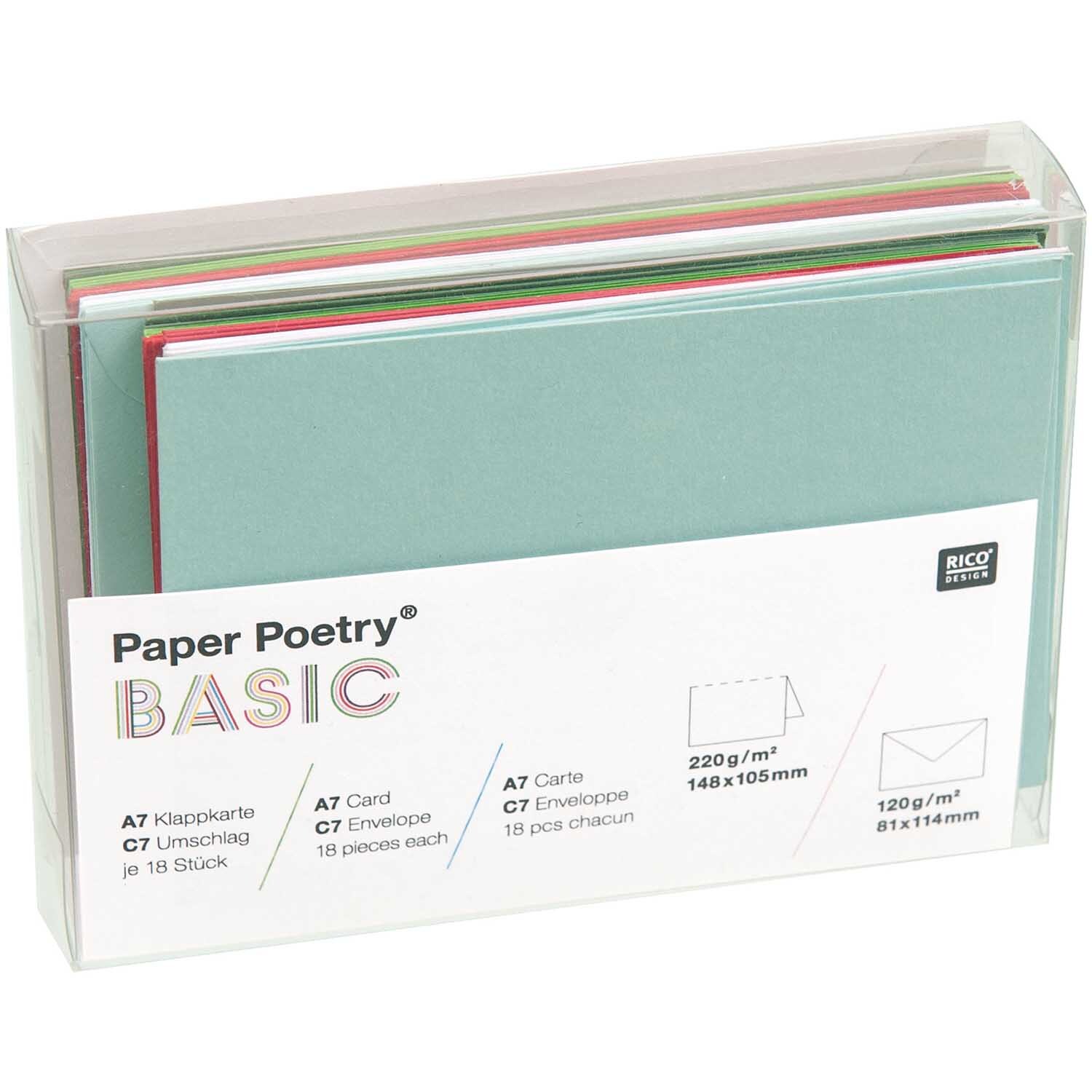 Paper Poetry Kartenset Basic grün-rot C7, 36-teilig, von Rico Design, zeigt Karten und Umschläge in einer transparenten Box.