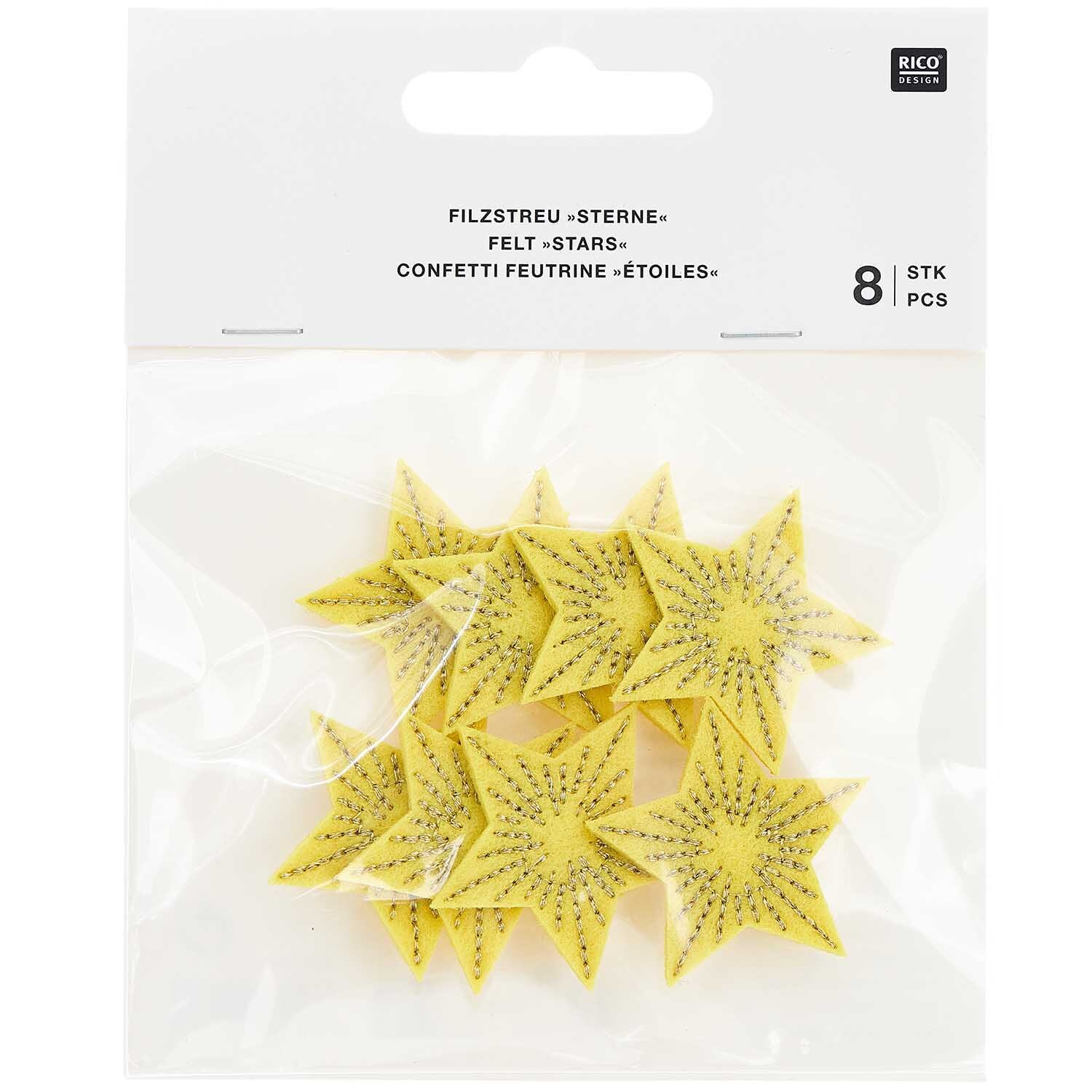 Filzstreu Sterne bestickt 3,5x3,3cm 8 Stück Farbe Gelb-Gold von Rico Design Filzstreu Sterne bestickt, 8 Stück in Gelb-Gold, dekorativ verpackt von Rico Design. Ideal für kreative Projekte.