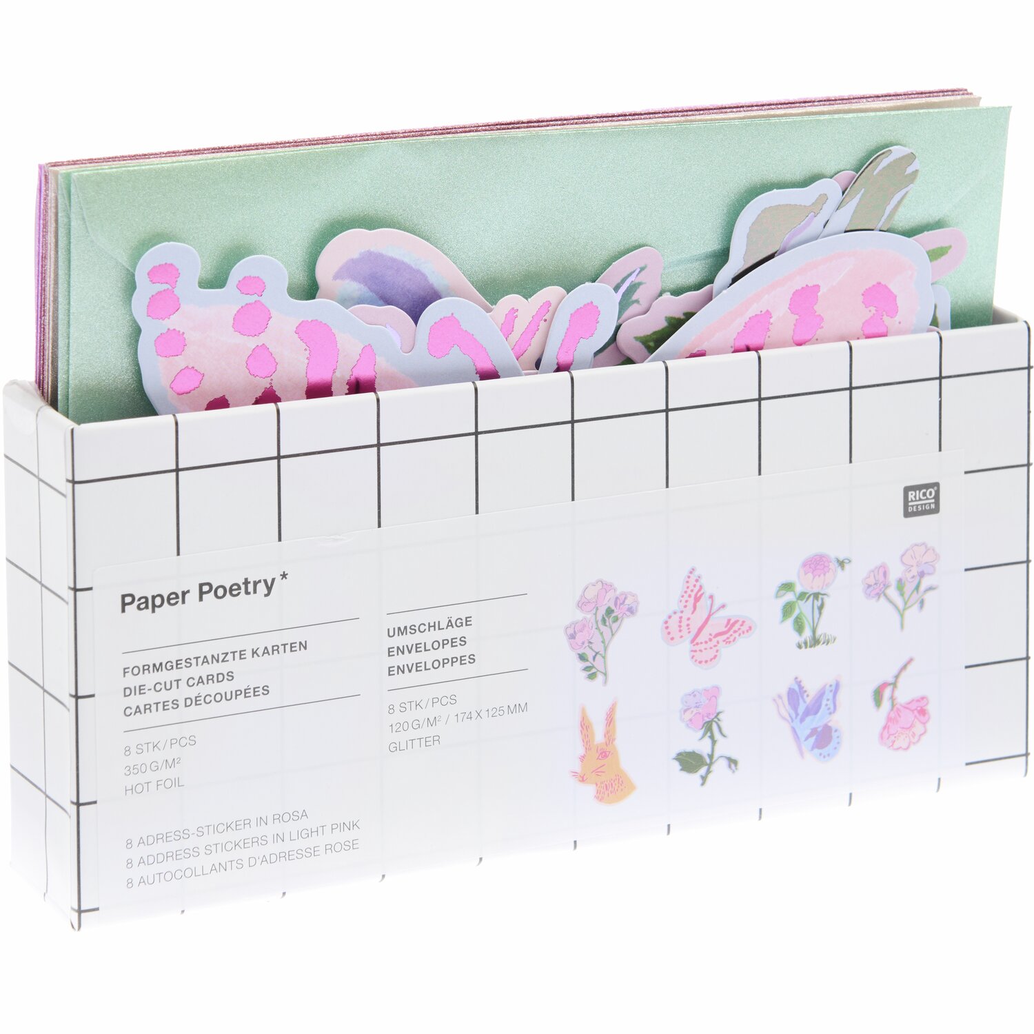 Paper Poetry Kartenset La Vie en Rose Ostern 16-teilig von Rico Design Paper Poetry Kartenset La Vie en Rose Ostern, 16-teilig, mit pastellfarbenen Umschlägen und floralen Motiven von Rico Design.