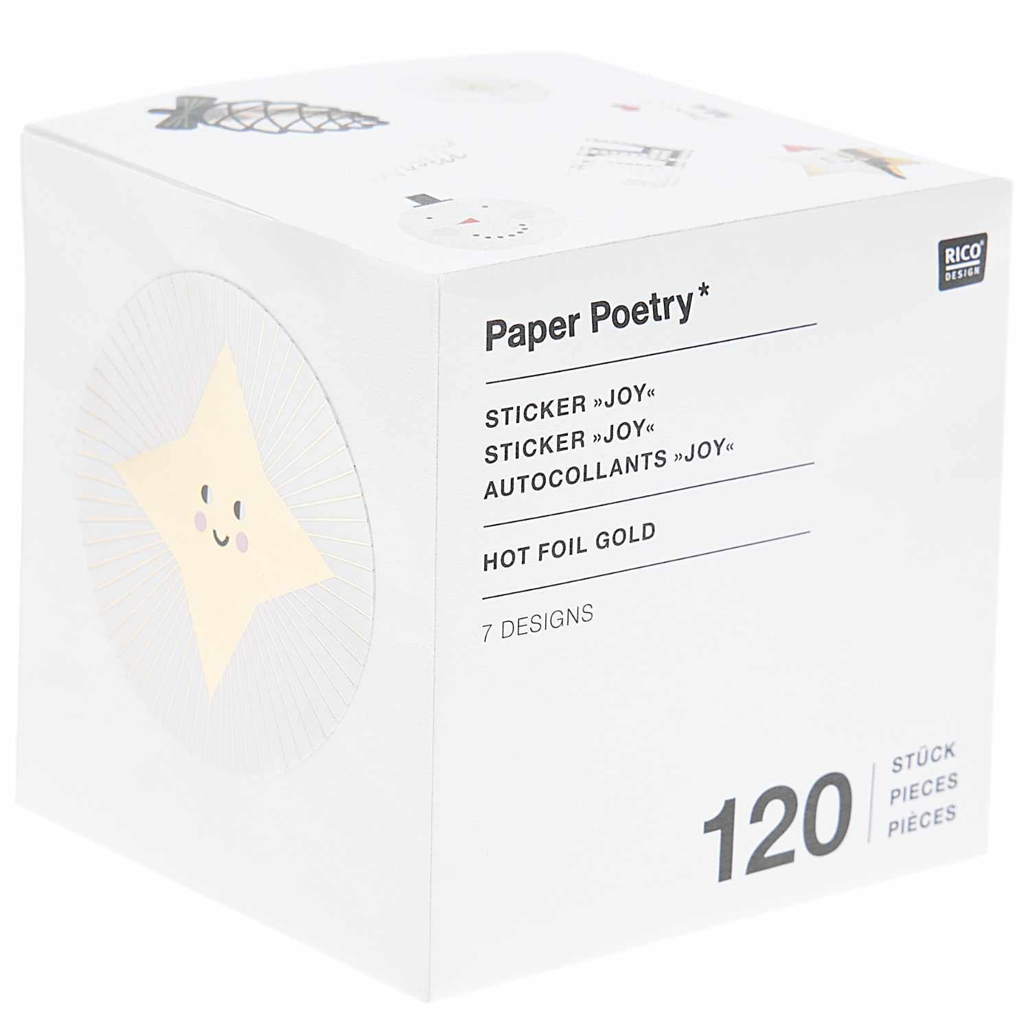 Paper Poetry Sticker Joy: Rolle mit 120 goldenen Hot Foil Stickern von Rico Design, verpackt in einer dekorativen Box mit Sternmotiv.