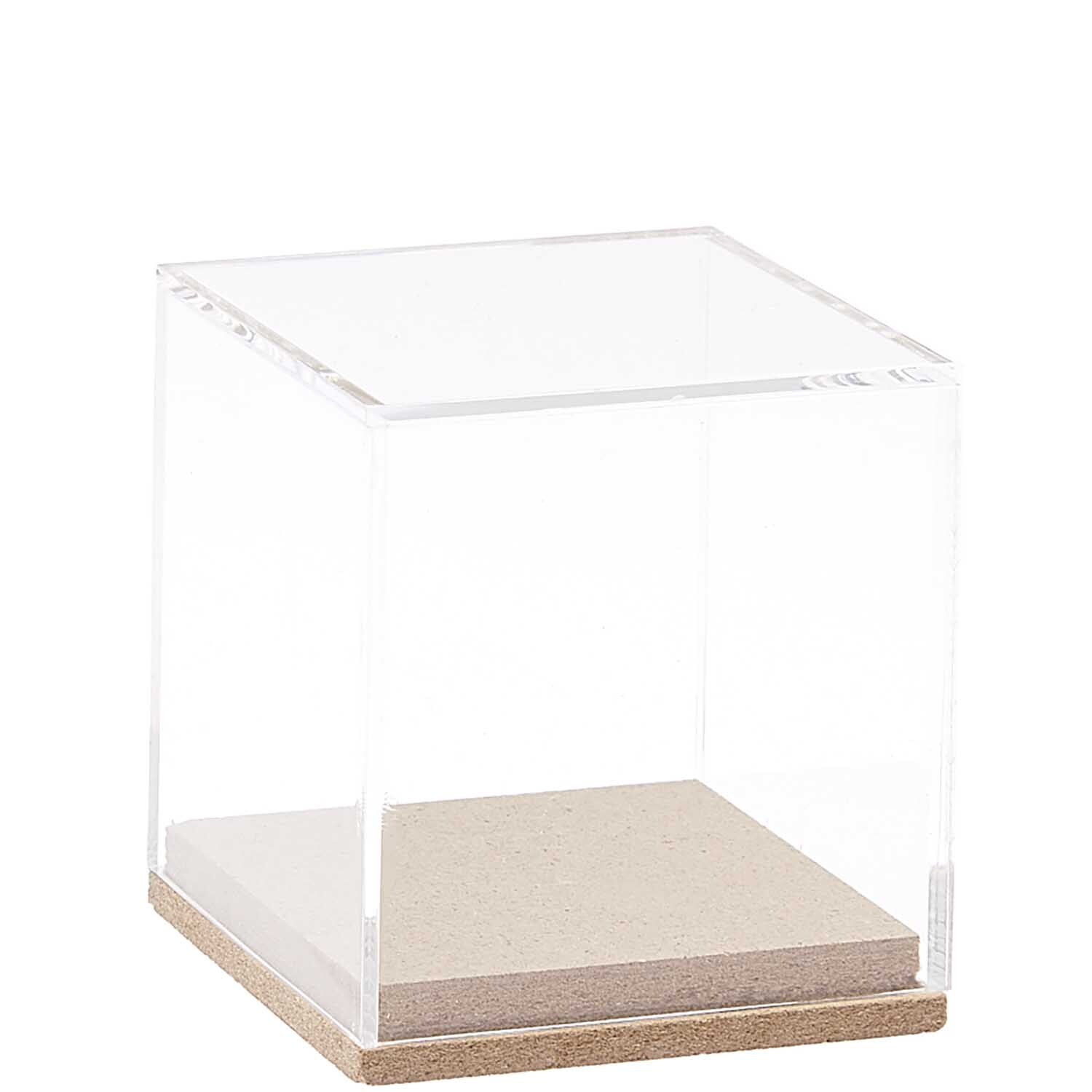 Figurico Dekohaube Würfel: Transparenter Würfel mit Holzsockel, ideal für Sammlerstücke.