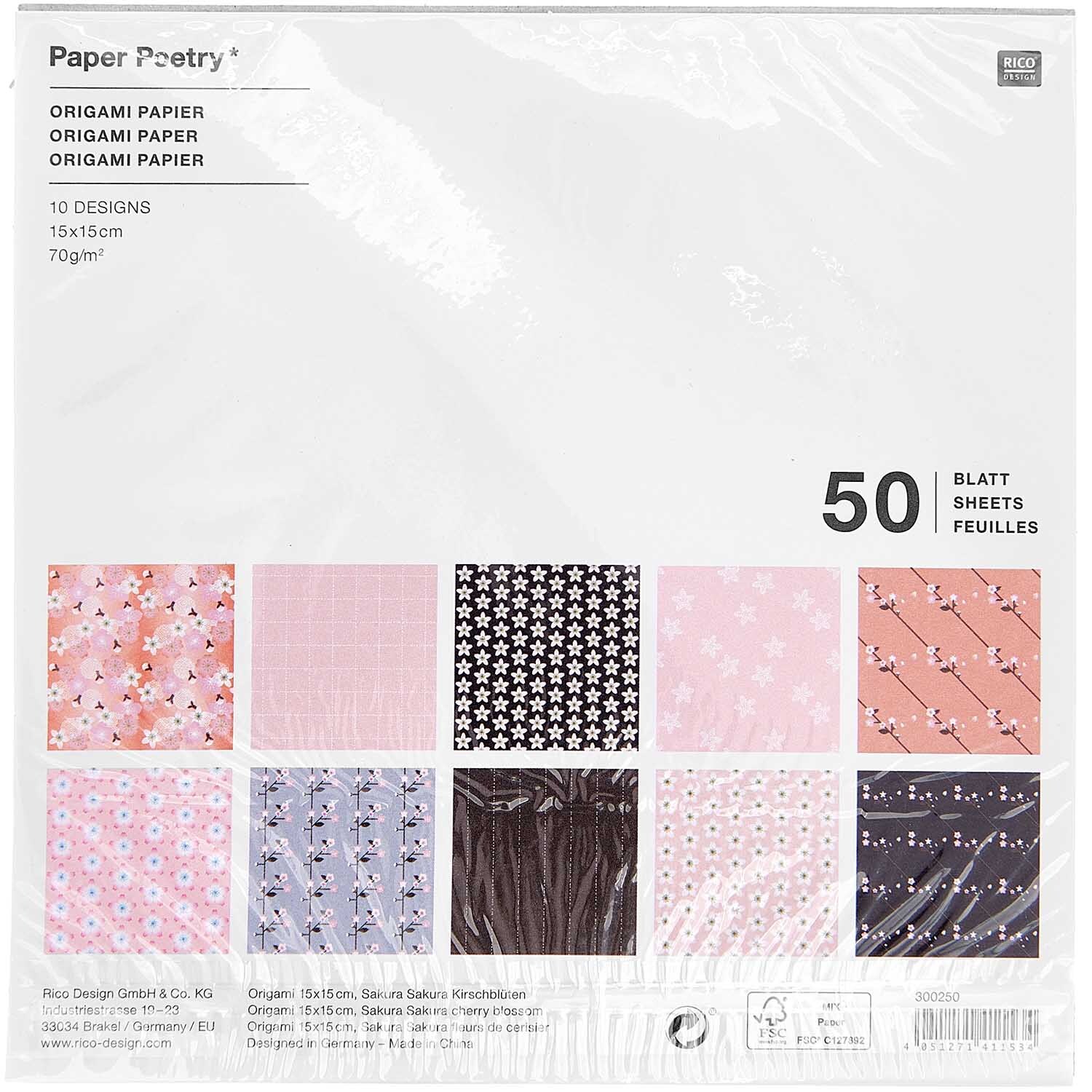 Paper Poetry Origami Kirschblüten 15x15cm 50 Blatt von Rico Design Paper Poetry Origami Kirschblüten 15x15cm, 50 Blatt von Rico Design, zeigt zarte Blütenmuster in Pastelltönen. Ideal für kreative Bastelprojekte.