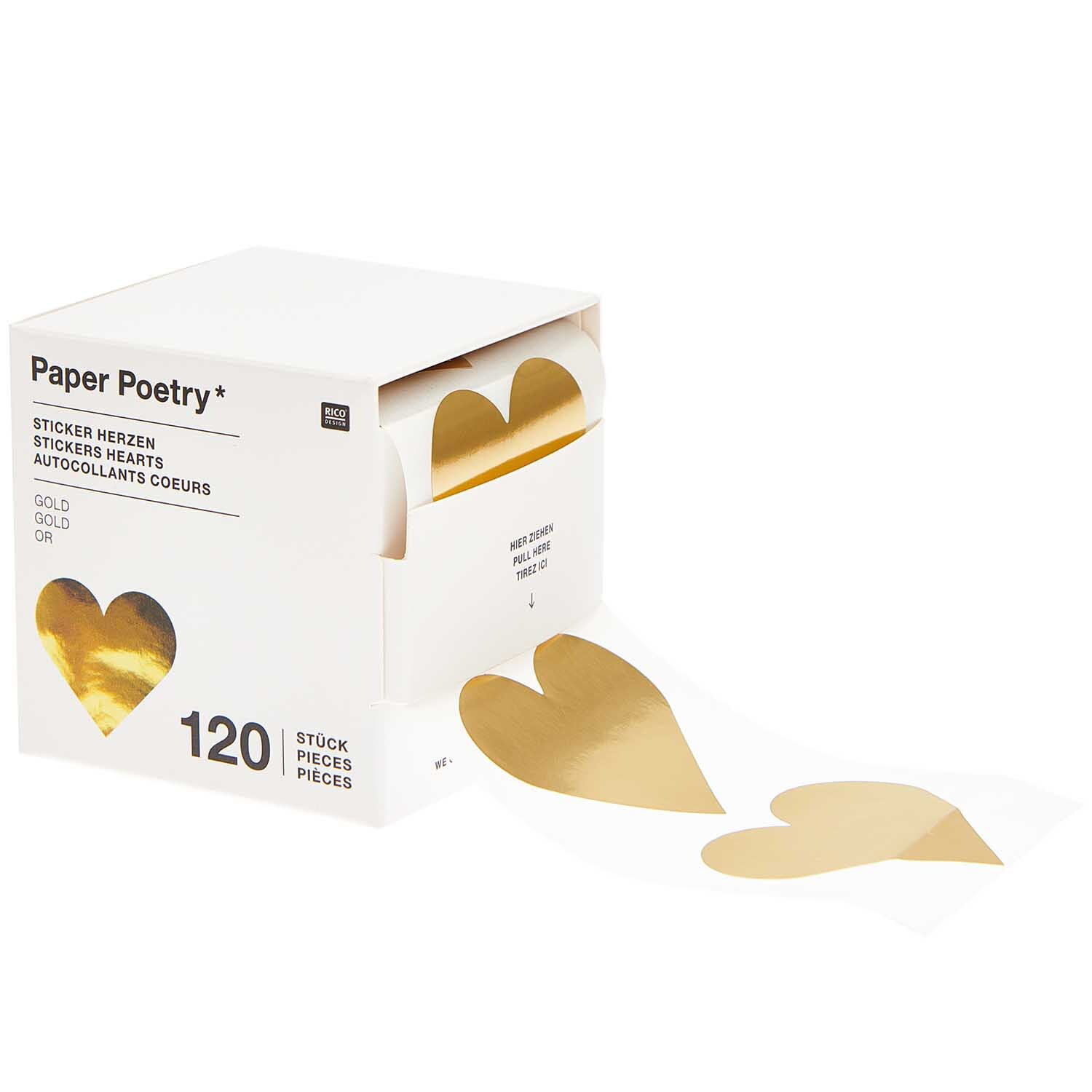 Paper Poetry Sticker Herzen 5cm 120 Stück auf der Rolle Hot Foil Farbe Gold von Rico Design Paper Poetry Sticker Herzen, 120 Stück auf Rolle, goldene Herzsticker von Rico Design in einer weißen Box. Ideal für kreative Projekte.