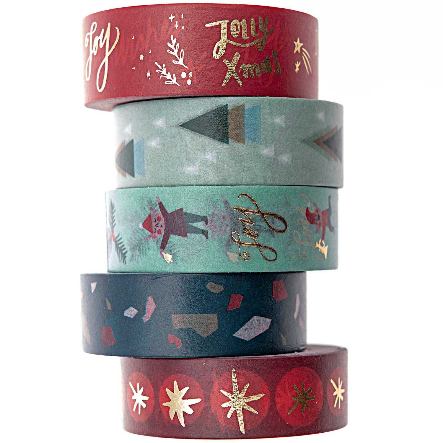 Paper Poetry Tape Set Jolly Christmas Classic, 5-teilig, mit festlichen Motiven in Rot und Grün, ideal für kreative Weihnachtsprojekte.