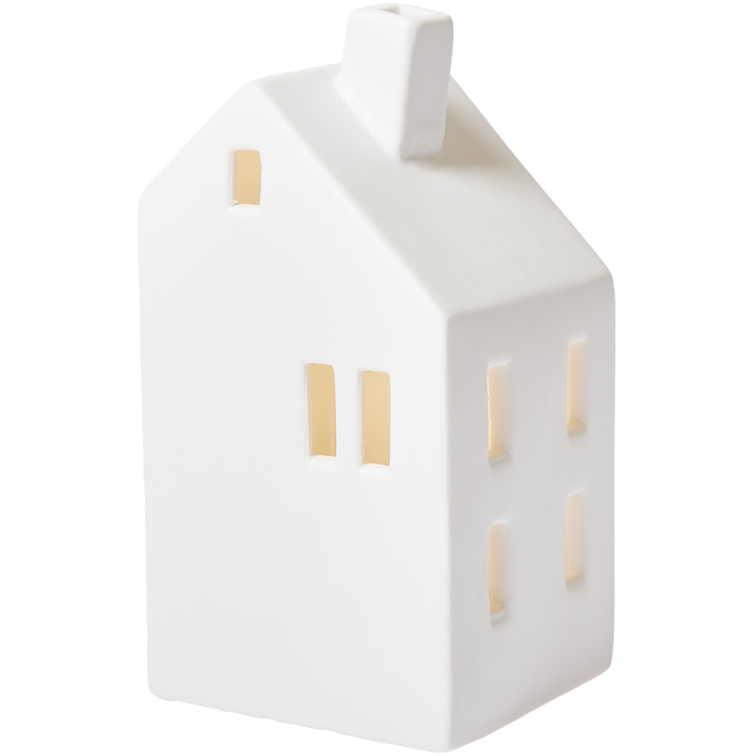 Porzellanhaus Weiß mit Schrägdach und LED, 13x6x7cm. Elegantes, weißes Design mit leuchtenden Fenstern.