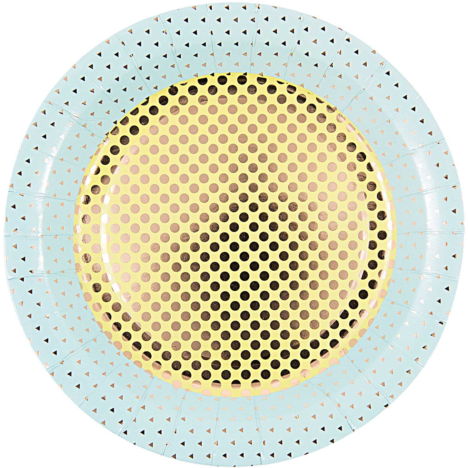 Pappteller Konfetti blau 12 Stück von Rico Design mit goldenen Punkten und blauem Rand, ideal für Partys.