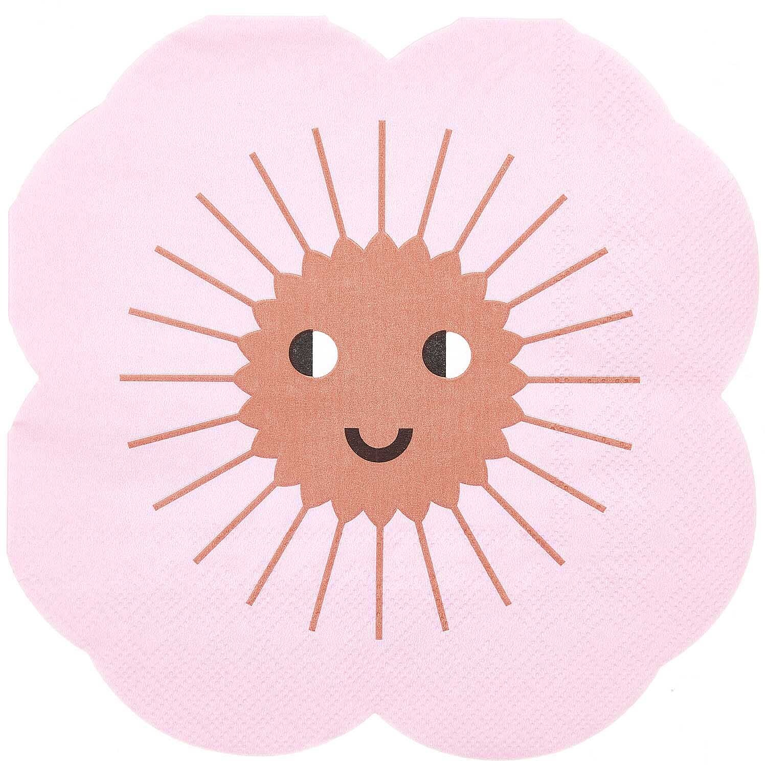 Servietten Blume 16x16cm 20 Stück von Rico Design zeigt ein lächelndes Gesicht auf rosa Blume.