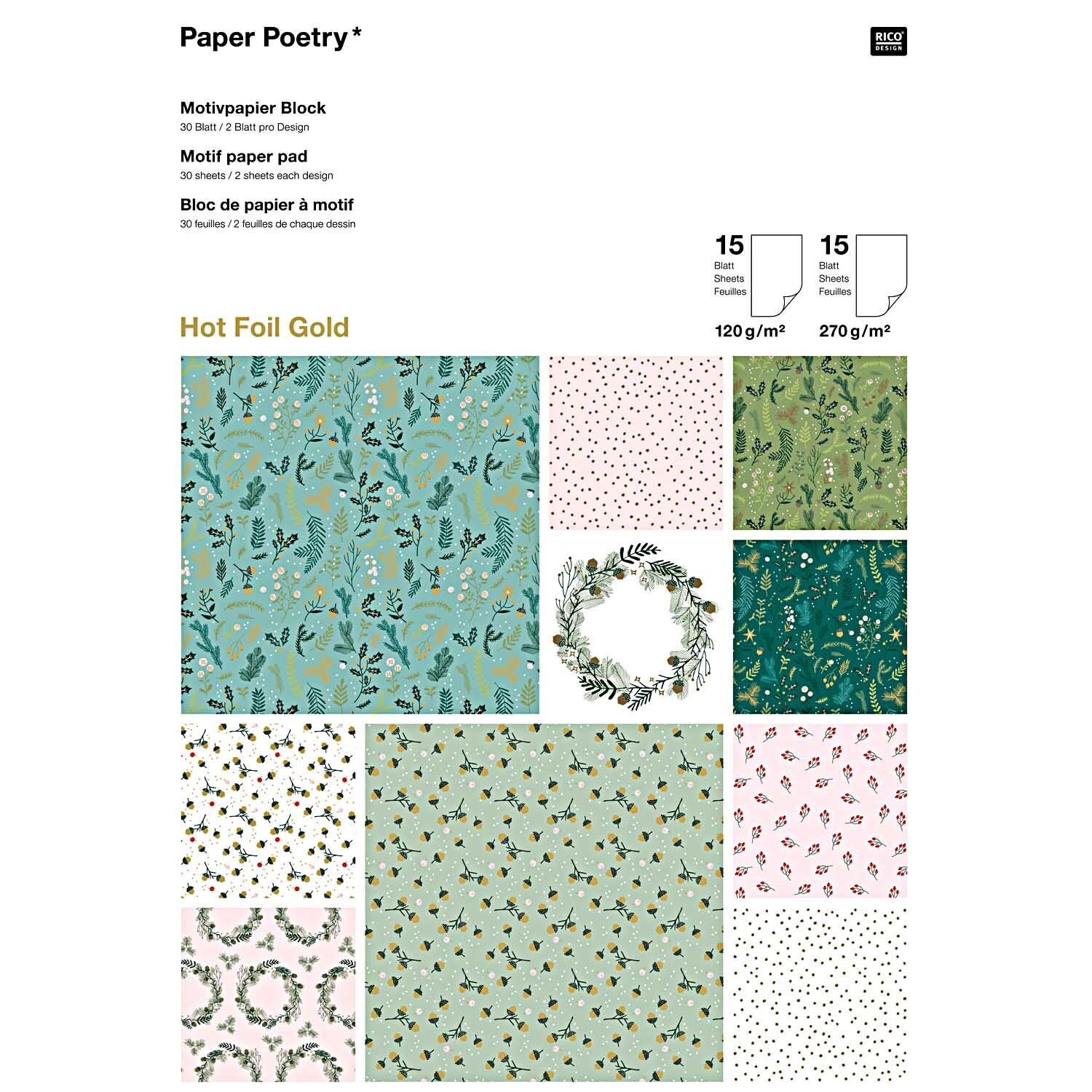 Paper Poetry Motivpapier Block Classical Christmas zeigt festliche Designs mit Blättern und Kränzen in verschiedenen Grüntönen und Mustern.