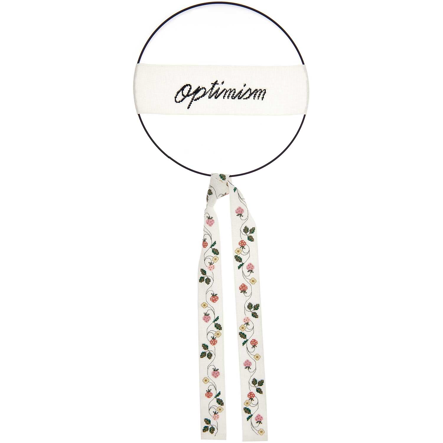 Paquet de broderie ruban Optimism et ruban Fraise Raisin from Rico Design Stickpackung Band Optimism und Band Erdbeerranke von Rico Design zeigt ein besticktes Band mit Erdbeermuster und dem Wort "Optimism" in Schwarz.