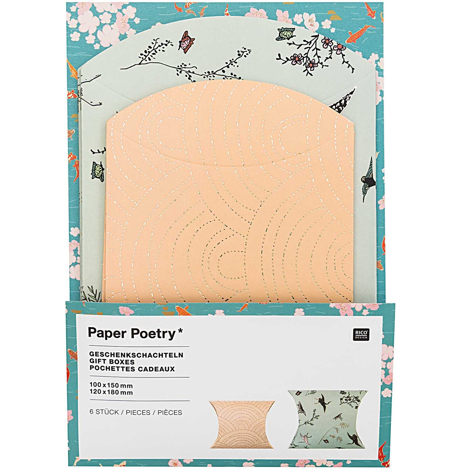 Paper Poetry Geschenkschachteln Jardin Japonais mit Kranichen, 6 Stück, zeigen ein elegantes Design mit floralen Mustern und Kranichen auf mehrfarbigem Hintergrund.