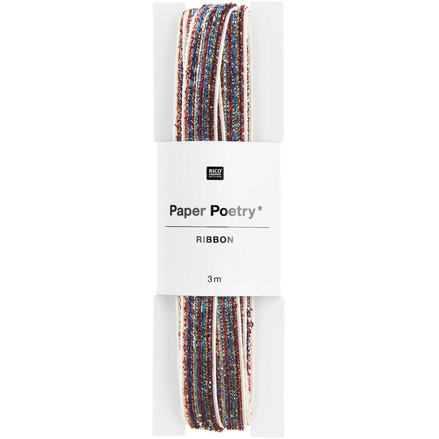 Paper Poetry Glitzerband 10mm 3m Farbe Rot-Blau-Silber von Rico Design Paper Poetry Glitzerband von Rico Design in Rot-Blau-Silber, 10mm breit, 3m lang, auf weißem Hintergrund.