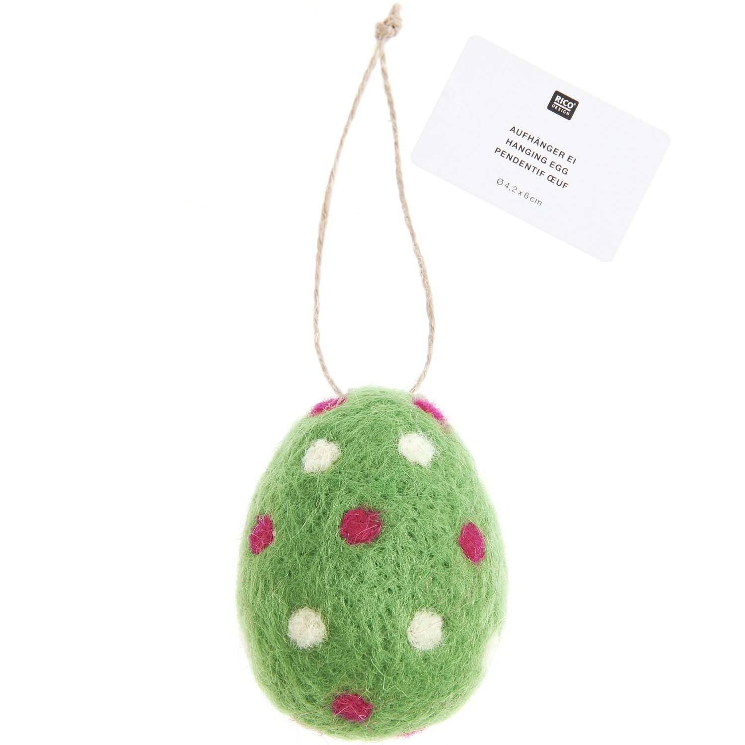 Aufhänger Filz-Ei gepunktet Ø4,3x6cm Farbe Grün von Rico Design Aufhänger Filz-Ei gepunktet in Grün mit weißen und rosa Punkten, von Rico Design, Ø4,3x6cm.