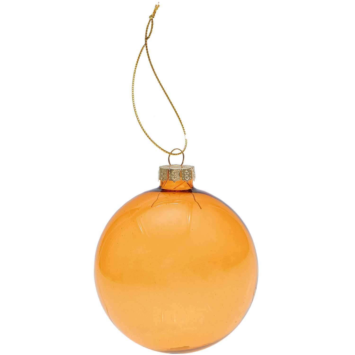 Glaskugel Baumschmuck einfarbig 8cm Farbe Orange Transparent von Rico Design Glaskugel Baumschmuck von Rico Design, 8cm, zeigt eine transparente, orangefarbene Kugel mit goldener Aufhängung.
