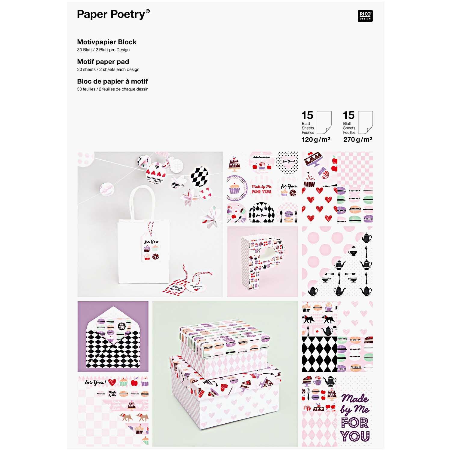 Paper Poetry Motivpapier Block Pattisserie mit bunten Designs und kreativen Mustern von Rico Design. Ideal für Bastelprojekte und Dekorationen.