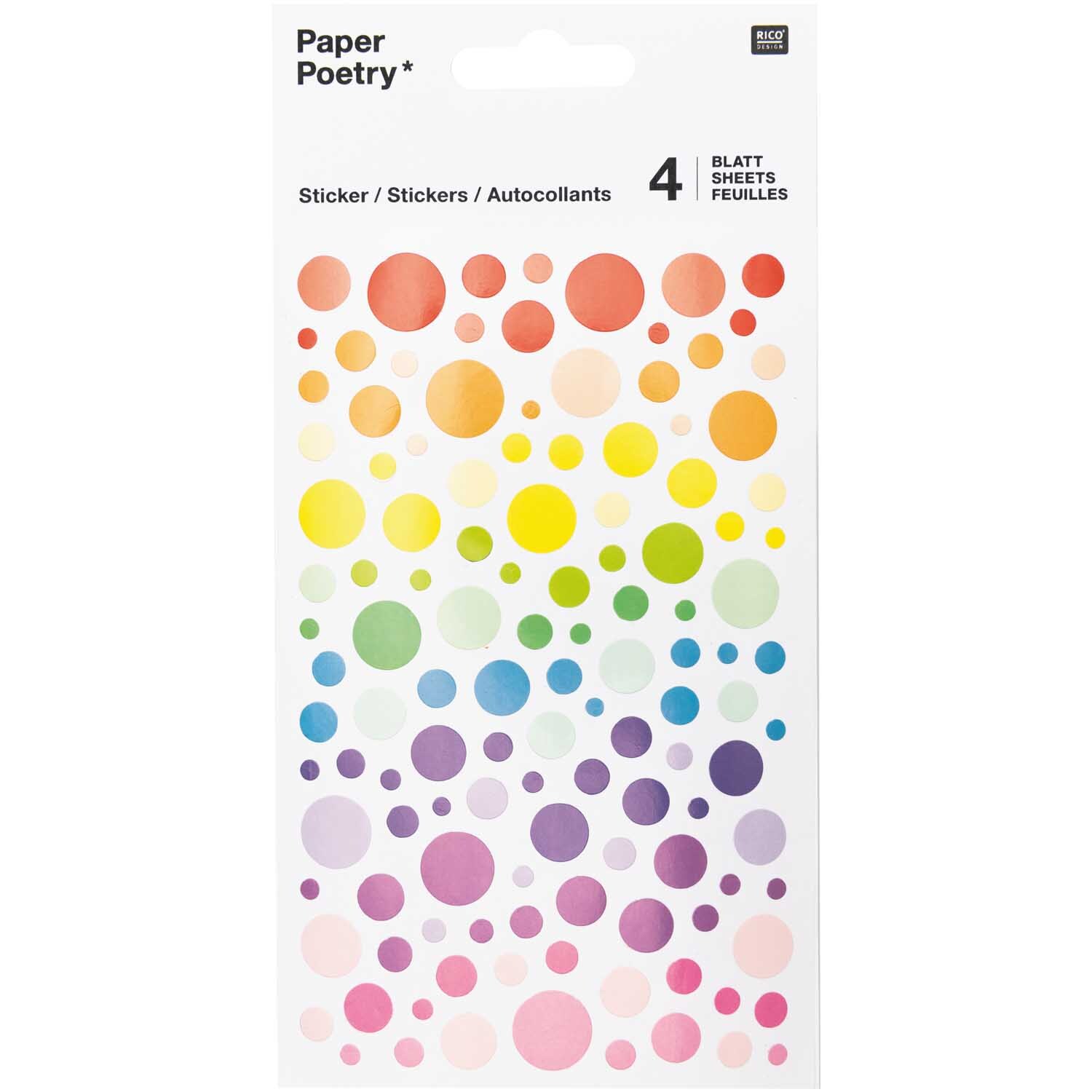 Paper Poetry Sticker Kreise, mehrfarbige Bögen mit bunten Kreisen in verschiedenen Größen. Ideal für kreative Projekte.
