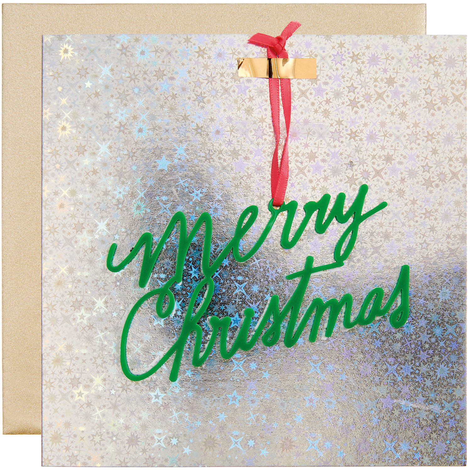 Paper Poetry Grußkarte mit grünem "Merry Christmas"-Acrylanhänger auf sternenbesetztem Hintergrund, von Rico Design.