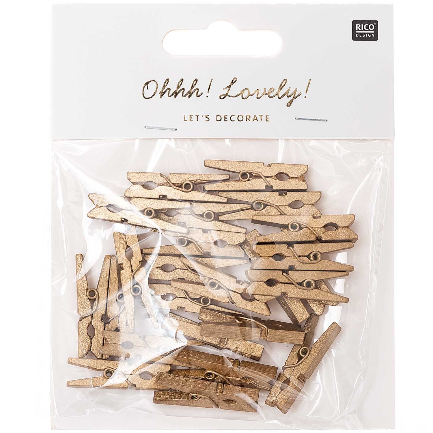 Holzklammern 3cm 24 Stück Farbe gold von Rico Design Holzklammern 3cm 24 Stück von Rico Design in einer transparenten Verpackung, ideal zum Dekorieren.