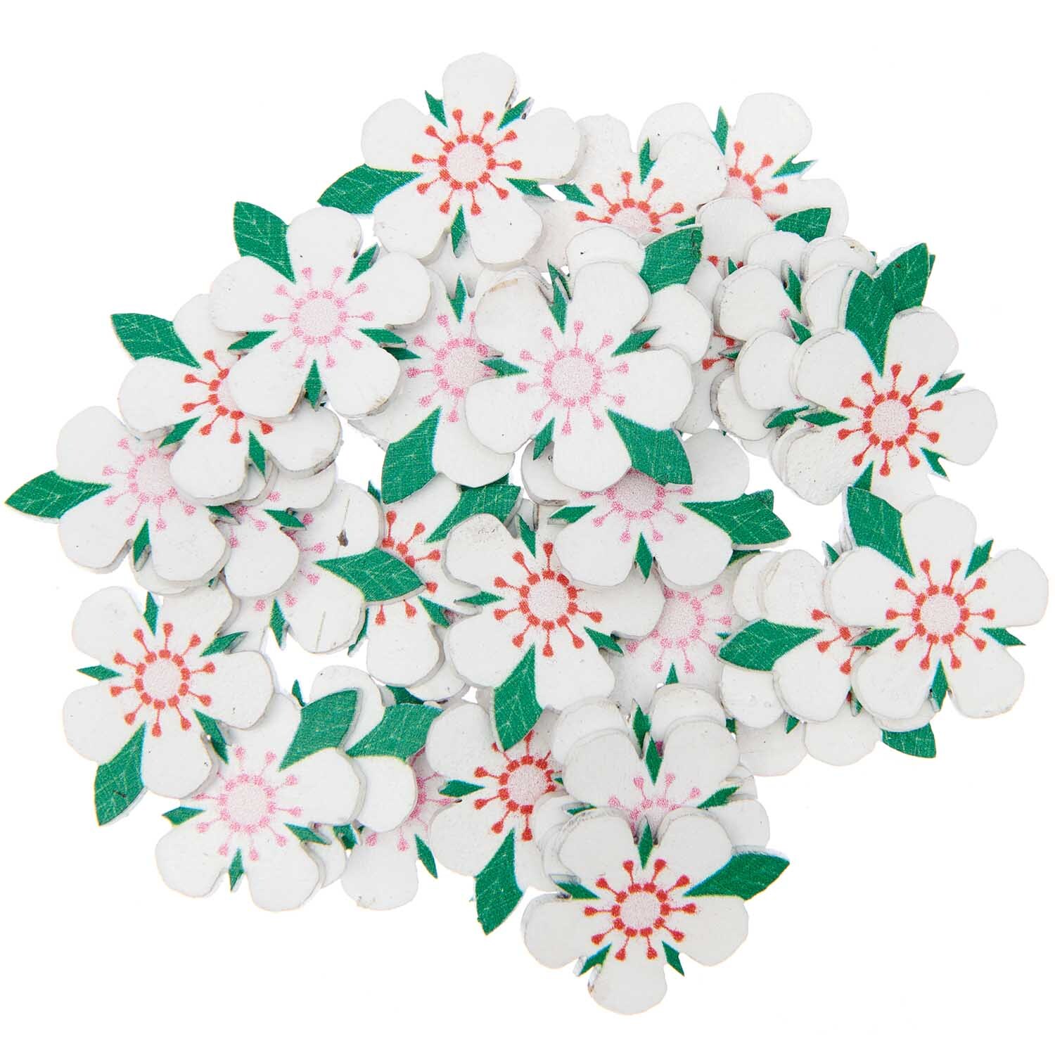 Streu Erdbeerblüte 36 Stück: Weiße Papierblüten mit grünen Blättern, ideal für Dekorationen.