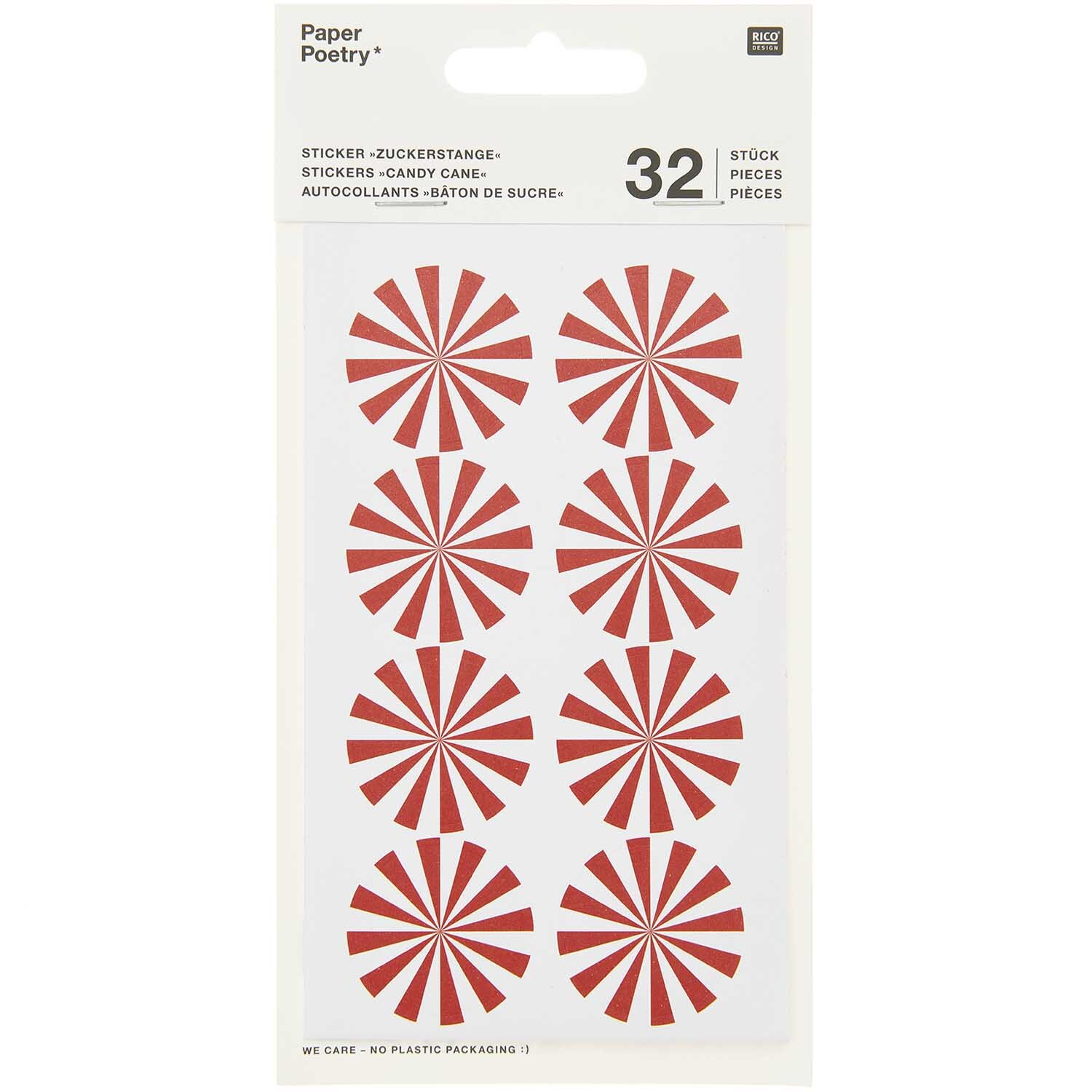 Paper Poetry Sticker Christmas rot-weiß 4 Blatt: Rot-weiße Zuckerstangen-Sticker von Rico Design auf einem Blatt, ideal für festliche Dekorationen.