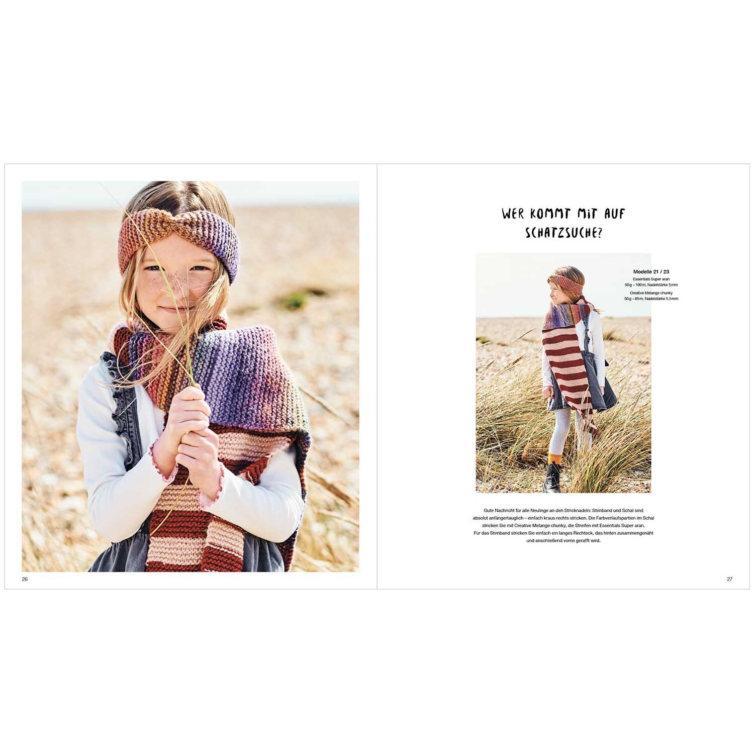Kids Nr.9: Mädchen mit gestricktem Stirnband und Schal in Naturkulisse, Rico Design.