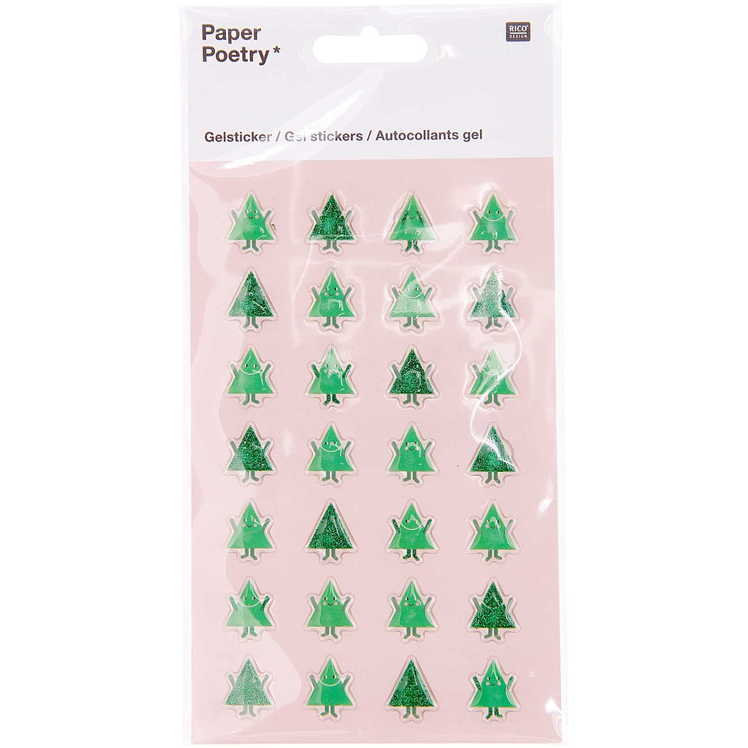 Paper Poetry Gelsticker Tannen auf einem Blatt, grüne Tannenbaum-Motive von Rico Design. Ideal für kreative Dekorationen.