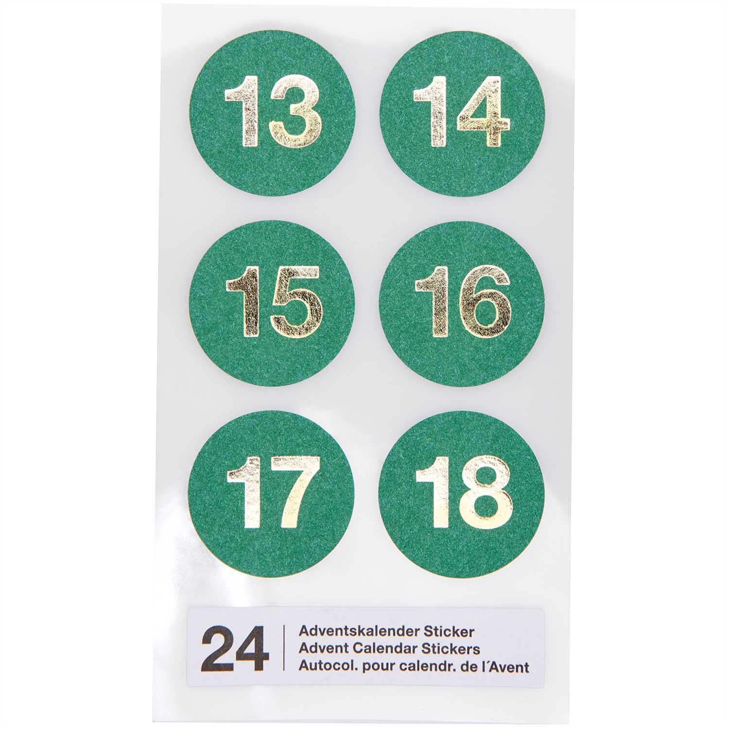 Paper Poetry Adventskalender Sticker Zahlen 1-24: Sechs grüne Sticker mit goldenen Zahlen 13 bis 18 auf einem Blatt. Ideal für Adventskalender.