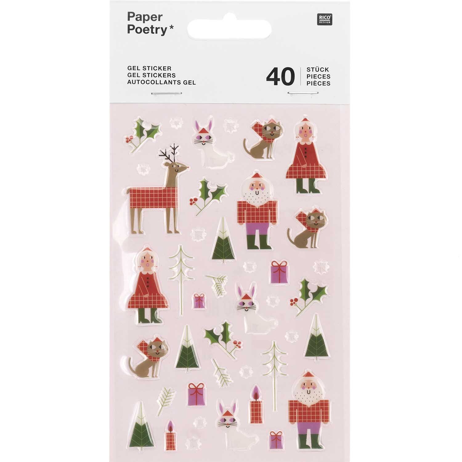 Paper Poetry Gelsticker Weihnachtsmann 1 Blatt zeigt bunte Weihnachtsmotive wie Rentiere, Geschenke und Bäume. Ideal für festliche Dekorationen.