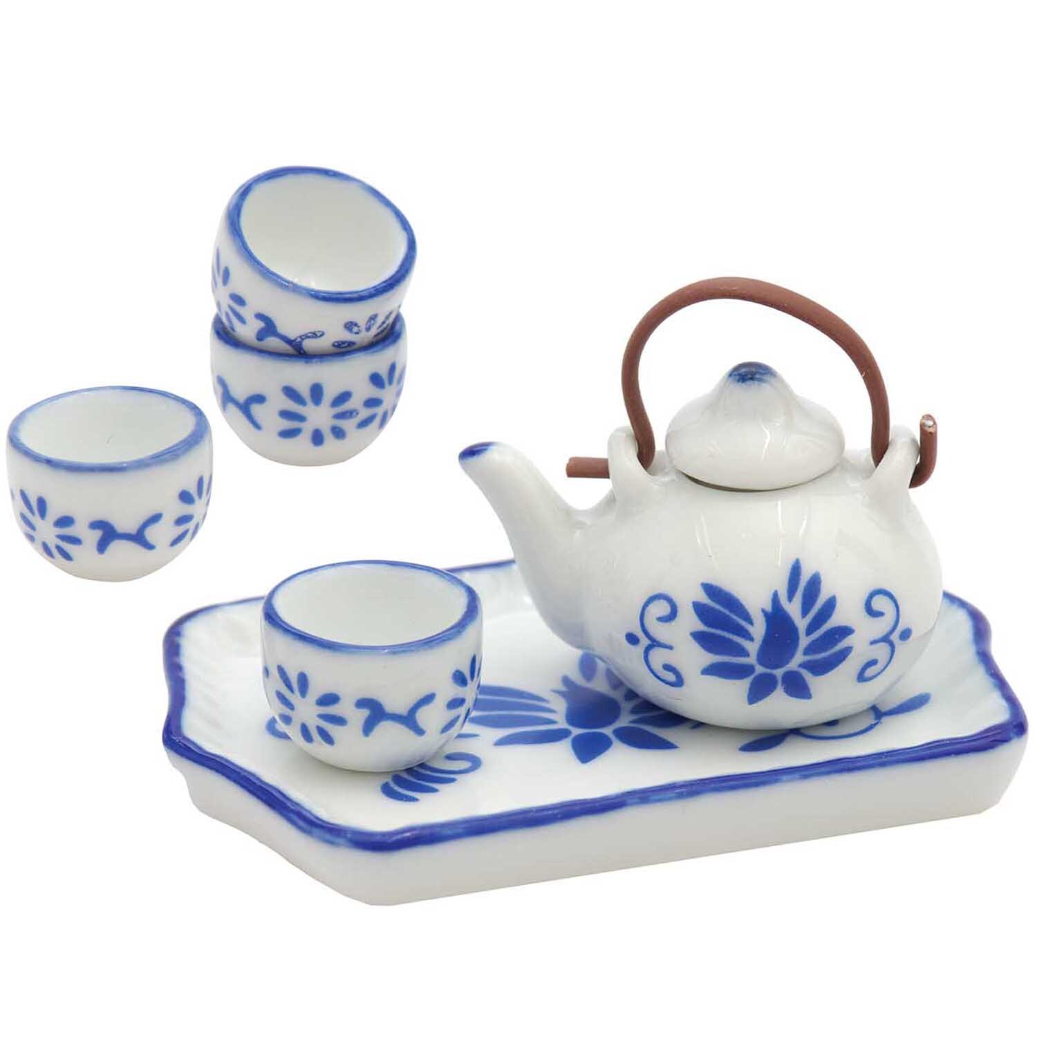 Miniatur Teeservice Premium: Ein 6-teiliges Set in Weiß-Blau mit floralen Mustern von Rico Design.