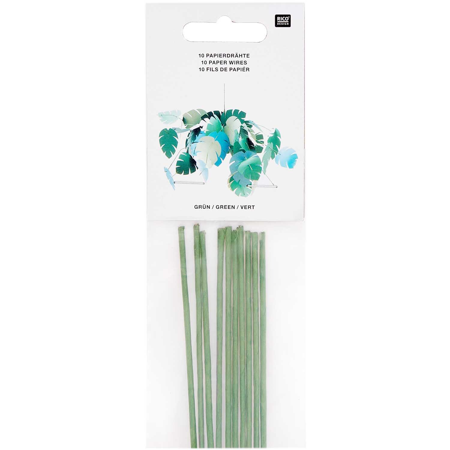 Papierdraht 1,8mm 1m 10 Stück Farbe Grün von Rico Design Papierdraht 1,8mm 1m 10 Stück von Rico Design in Grün, verpackt in einer transparenten Tüte mit Pflanzenmotiv.
