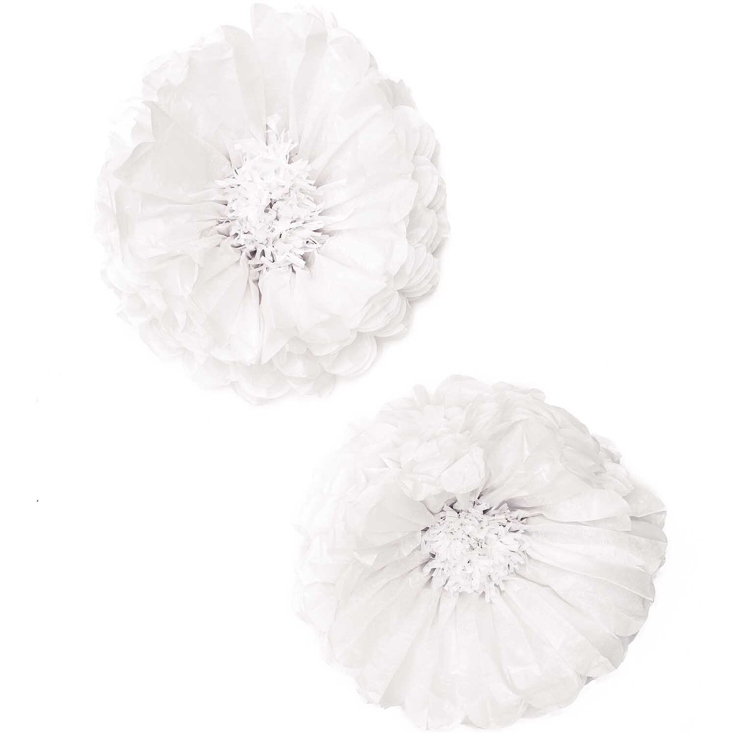 Seidenpapierblumen 40cm 2 Stück von Rico Design in Weiß. Zwei große, detailreiche Papierblumen auf weißem Hintergrund.