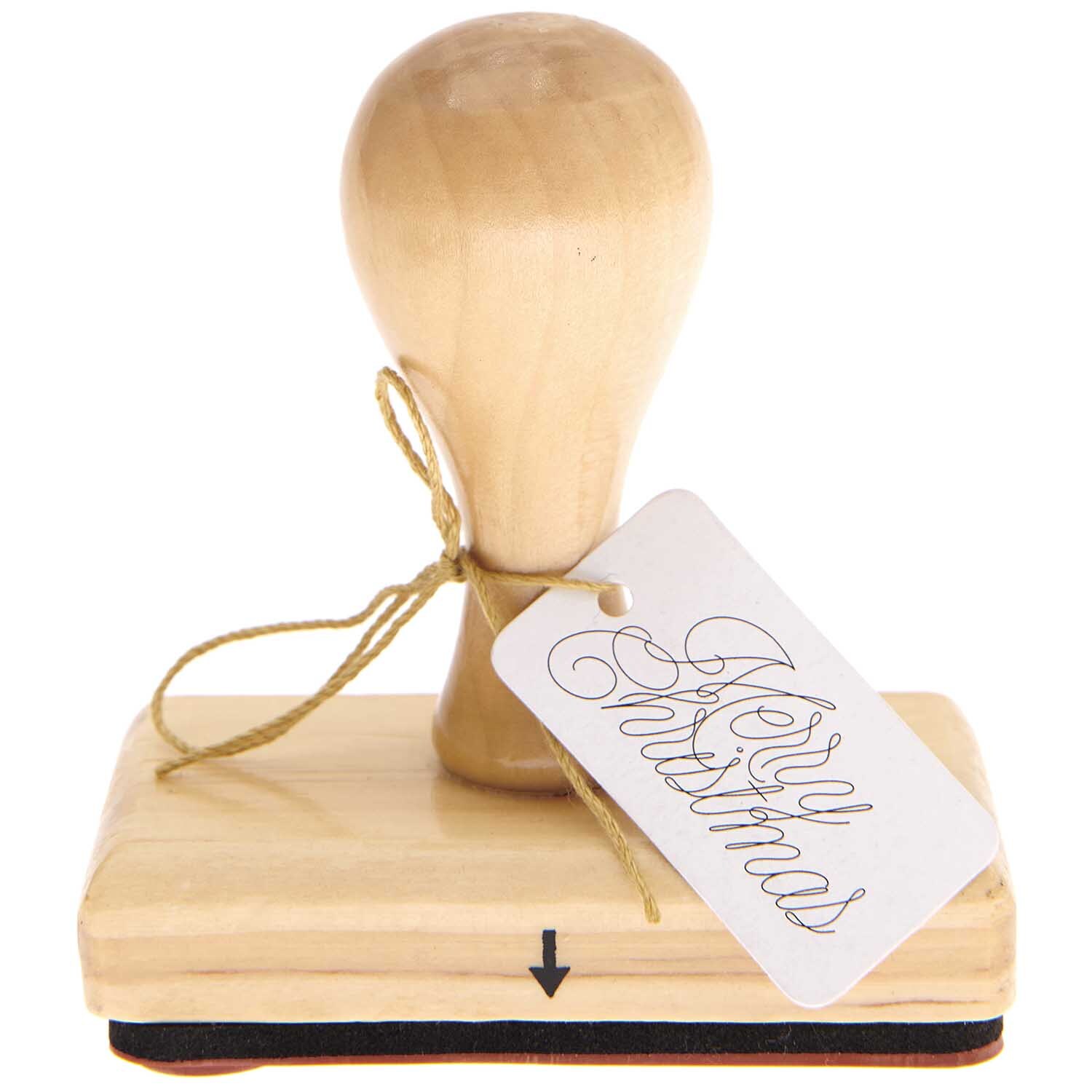Stempel Merry Christmas 7,5x4cm von Rico Design, aus Holz mit Griff und dekorativem Anhänger.