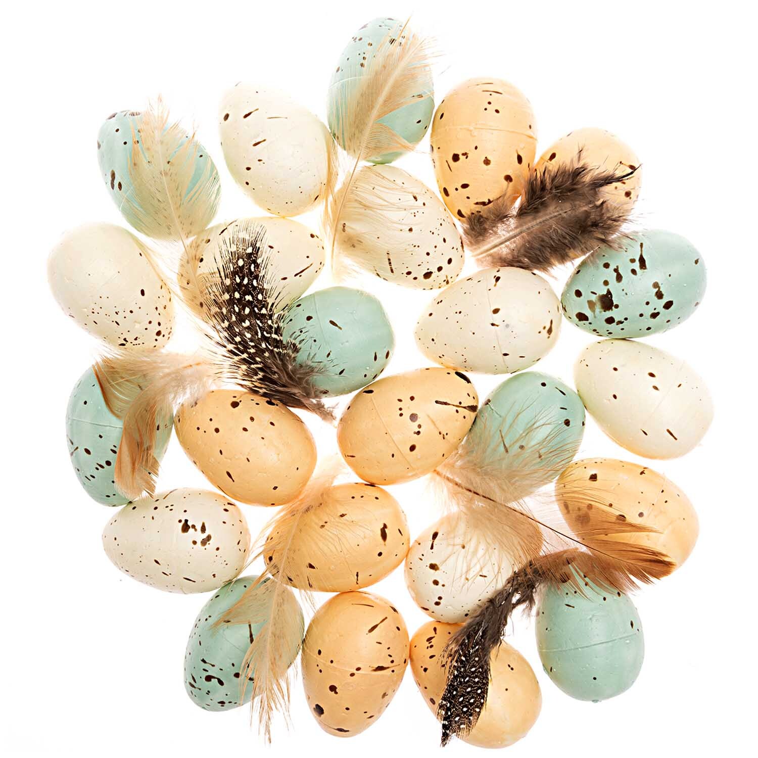 Eier und Federn creme-blau 4cm 24 Stück von Rico Design. Dekorative Eier mit Federn in Creme und Blau, ideal für kreative Bastelprojekte.