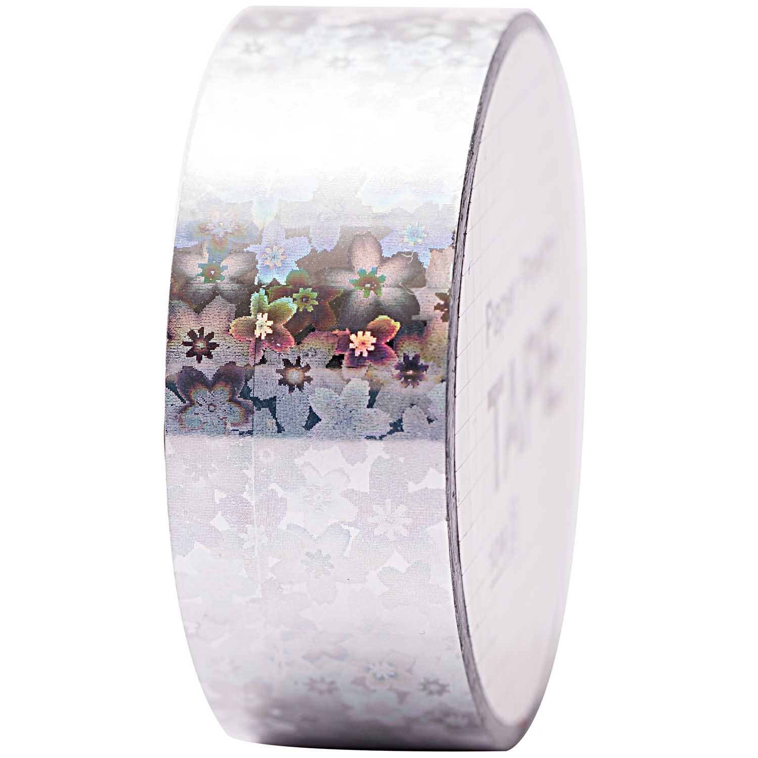 Paper Poetry Holographic Tape mit Blumenmuster in schimmerndem Silber von Rico Design, 19mm x 10m.