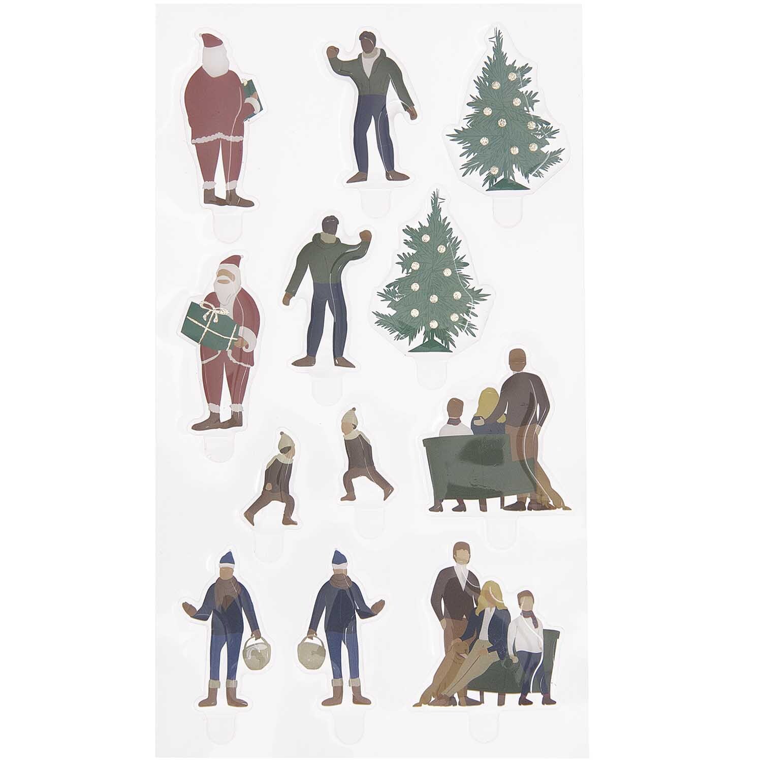 Figurico Gelsticker Weihnachten mit bunten Motiven: Weihnachtsmänner, Tannenbäume, Menschen. Ideal für festliche Dekorationen.