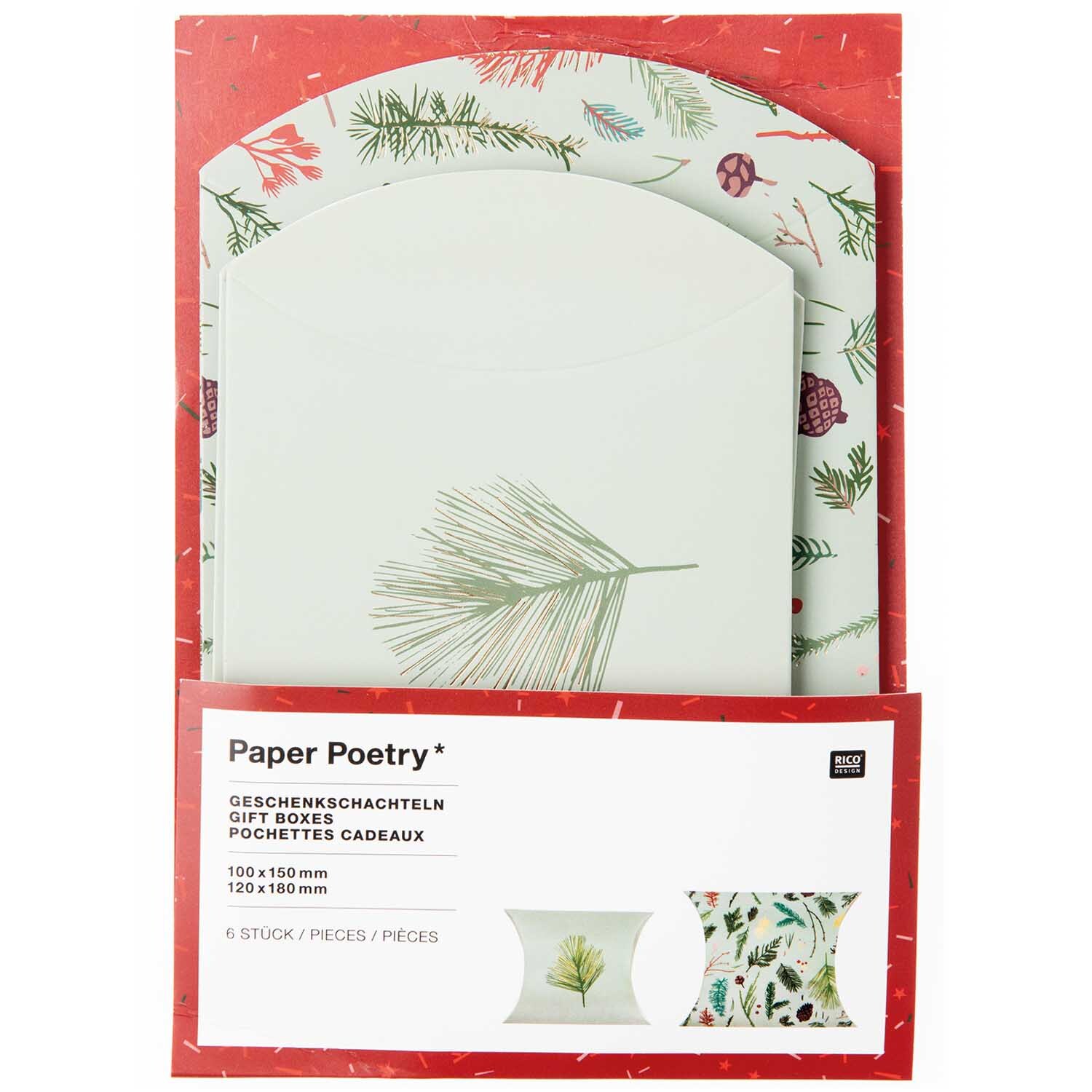 Paper Poetry Geschenkschachteln Nostalgic Christmas grün 6 Stück von Rico Design Paper Poetry Geschenkschachteln mit nostalgischem Weihnachtsmotiv, dekoriert mit Tannenzweigen und Beeren, ideal für festliche Geschenke.