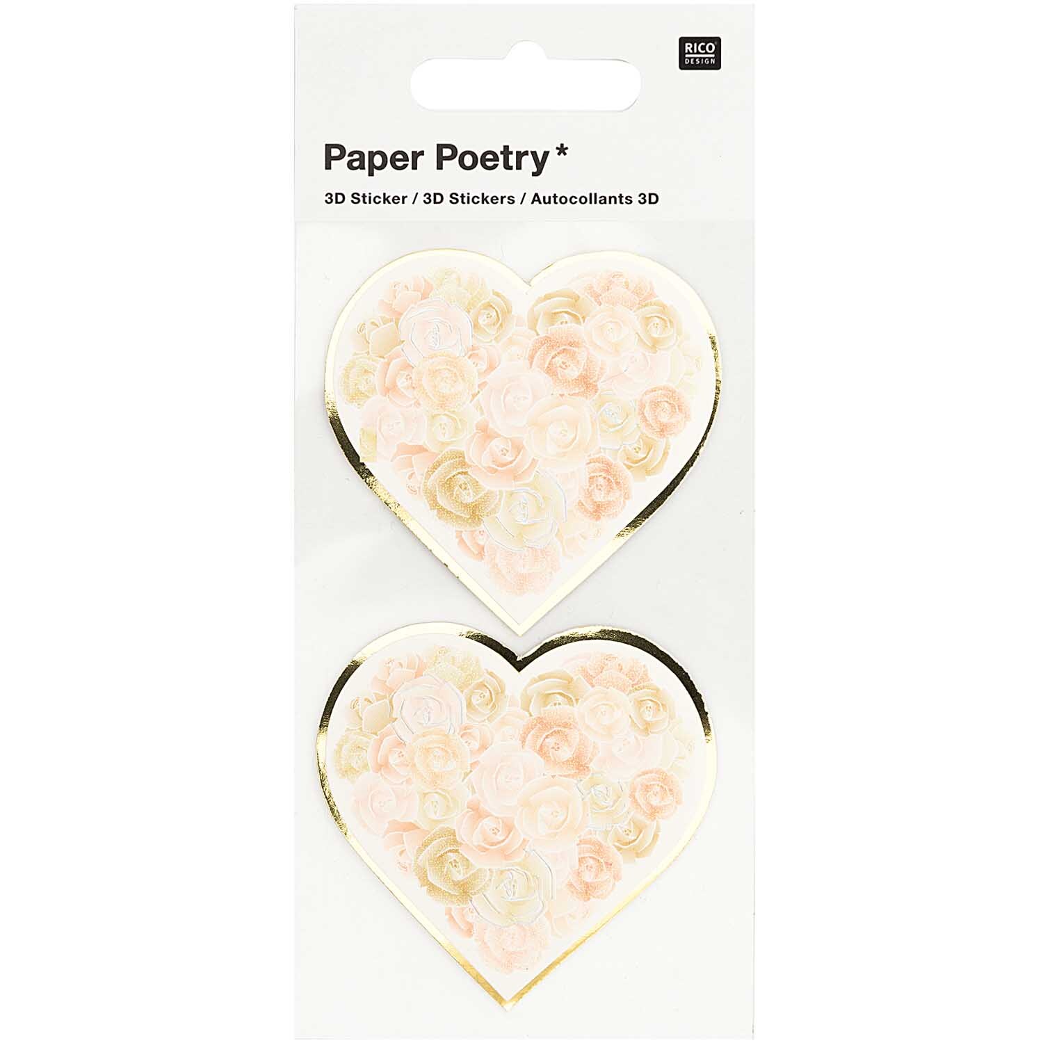 Paper Poetry 3D-Sticker in Herzform mit zarten Rosenmotiven, ideal für kreative Bastelprojekte.