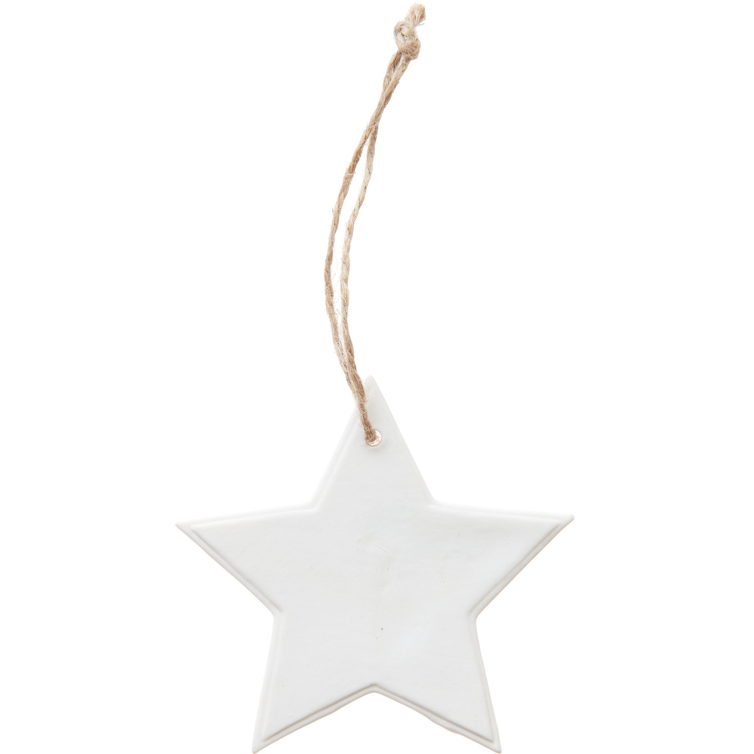 Porzellanhänger Stern Weiß von Rico Design, eleganter Dekorationsartikel mit natürlicher Juteschnur. Ideal für festliche Anlässe.