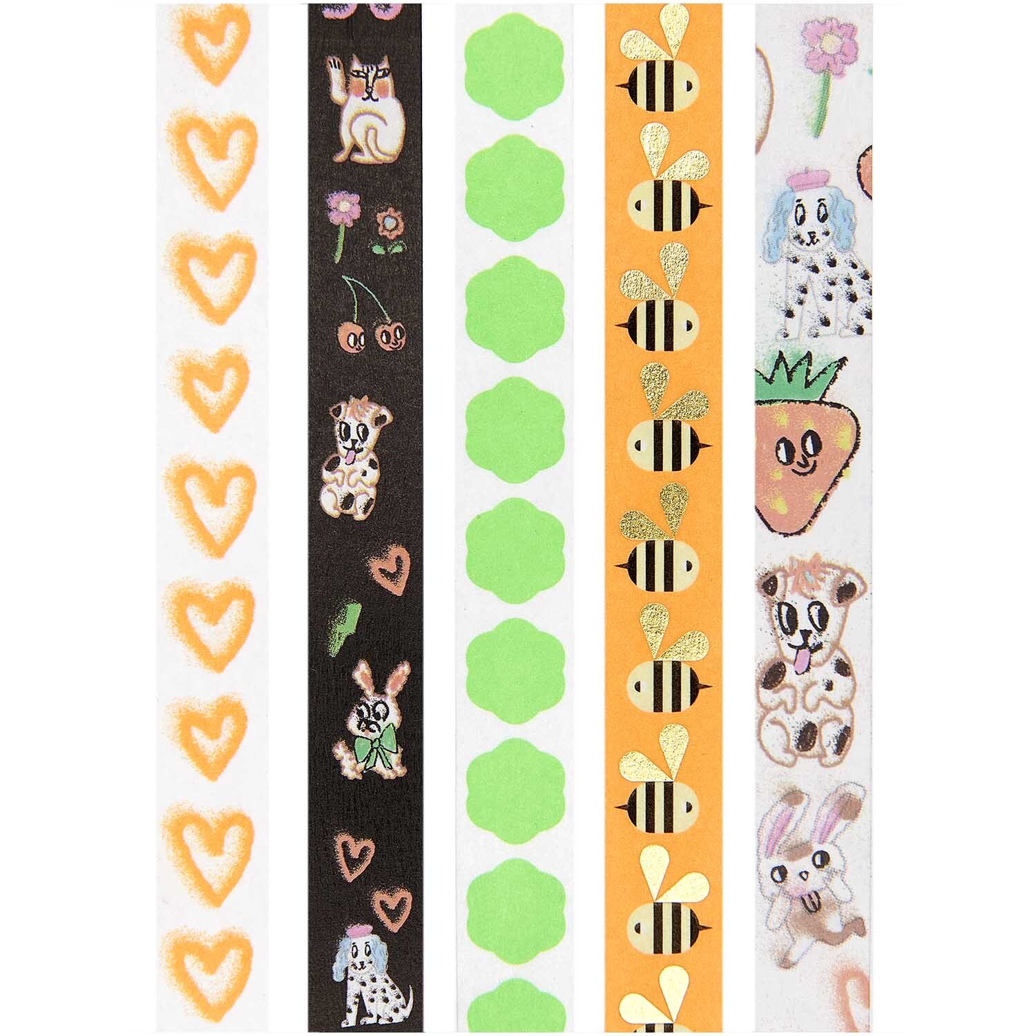 Paper Poetry Tape Set Airbrush 15mm 10m 5-teilig von Rico Design Paper Poetry Tape Set Airbrush: Fünf bunte Washi-Tapes mit Herz-, Tier- und Bienenmotiven von Rico Design.