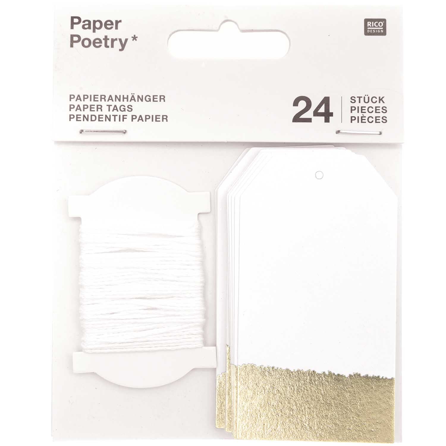 Paper Poetry Papieranhänger 4,5x8cm 24 Stück Farbe Weiß-Gold von Rico Design Paper Poetry Papieranhänger 4,5x8cm 24 Stück, elegante Anhänger in Weiß-Gold von Rico Design, ideal für kreative Projekte.