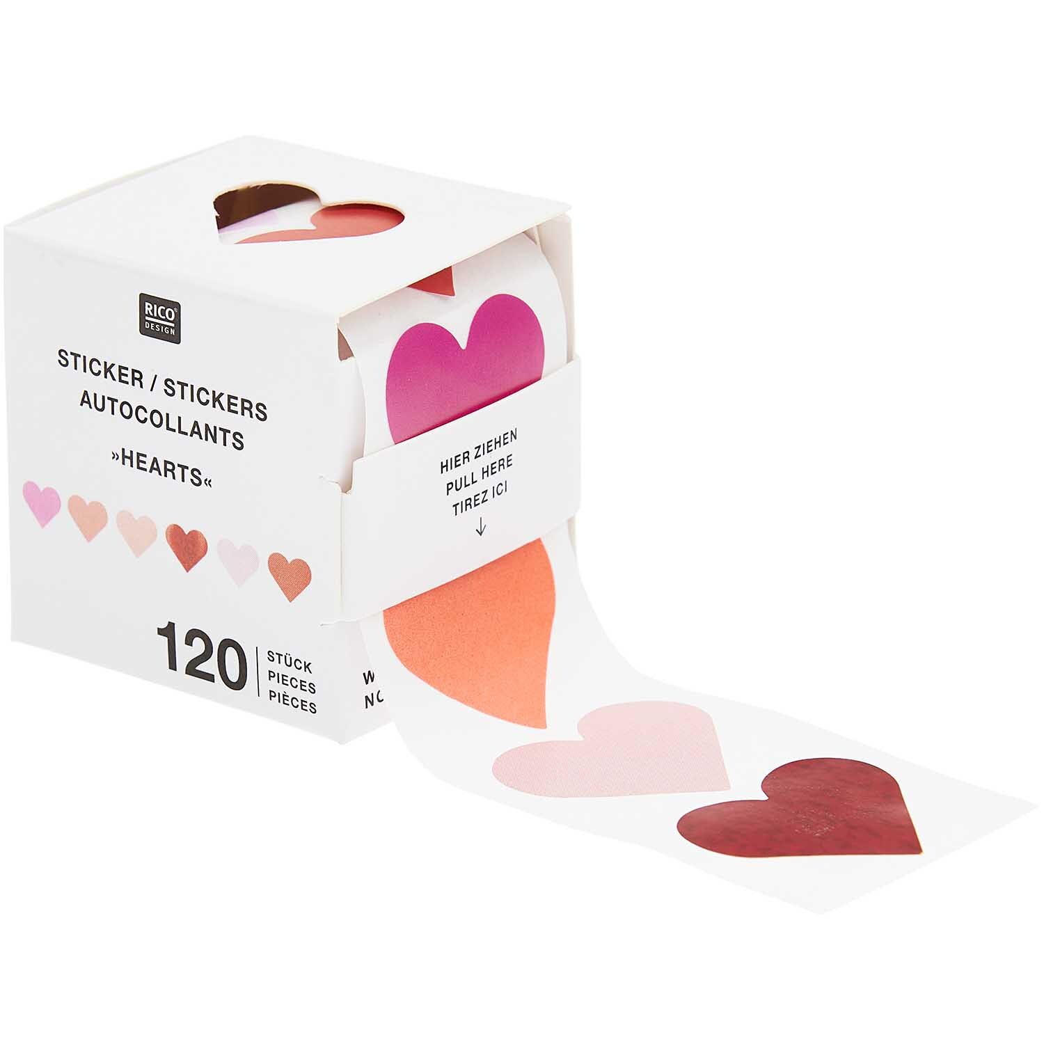 Paper Poetry Mini-Sticker Herzen Rot auf der Rolle zeigt eine Box mit 120 herzförmigen Stickern in verschiedenen Rottönen von Rico Design.