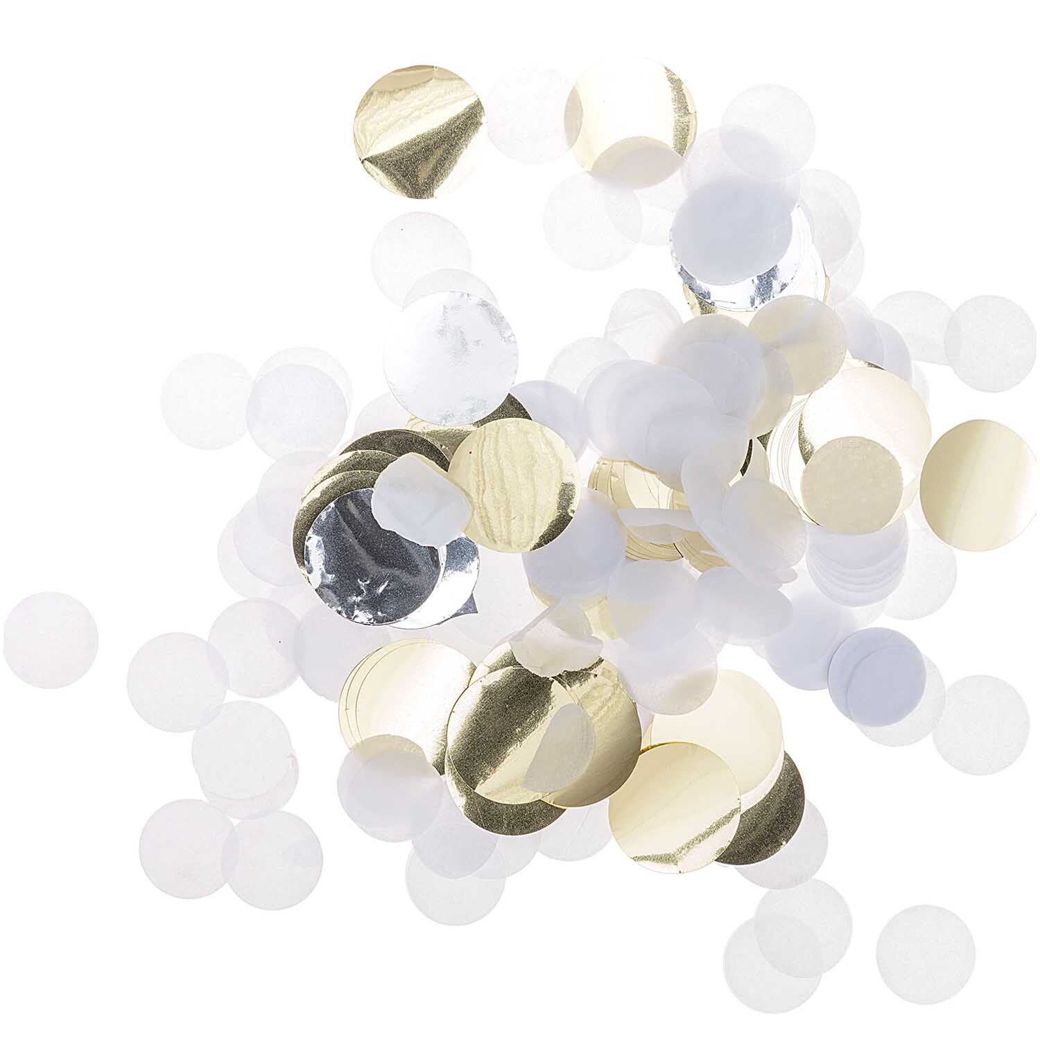 Konfetti Mix weiß 20g von Rico Design: Ein Mix aus weißen und goldenen Konfettis in runder Form.