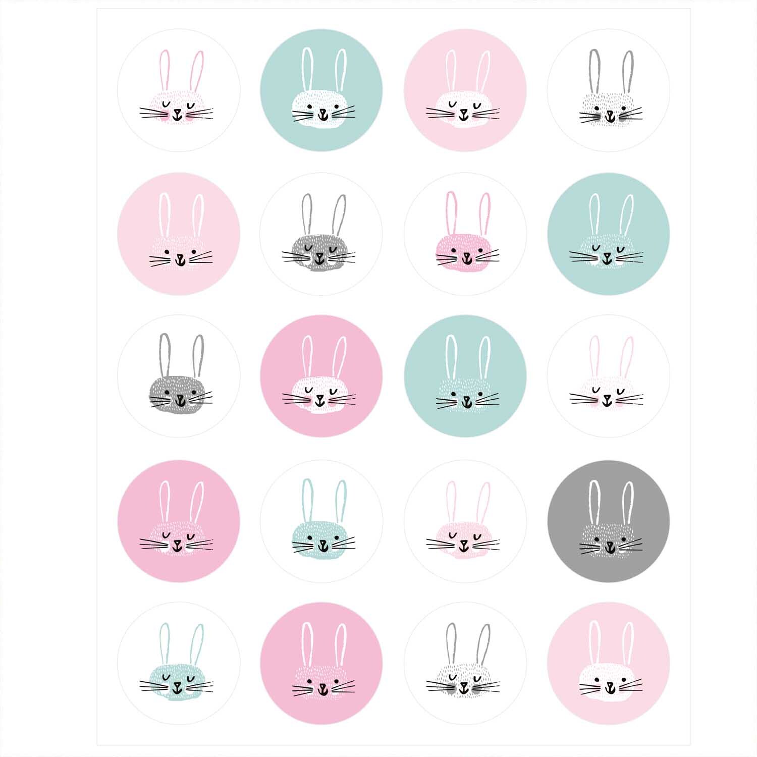 Paper Poetry stickers bunnies 6 sheets from Rico Design Paper Poetry Sticker Hasen 6 Blatt zeigt niedliche Hasengesichter in Pastellfarben auf runden Aufklebern. Ideal für kreative Bastelprojekte.