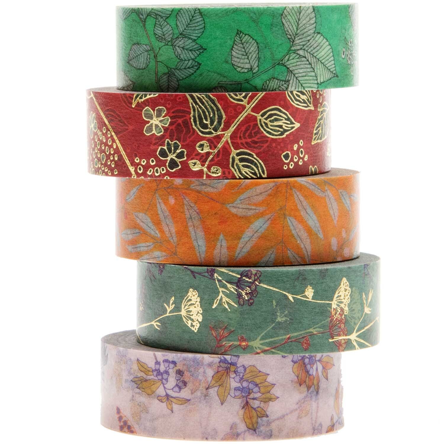 Paper Poetry Tape Set Funny Fall, 5-teilig. Bunte Washi-Tapes mit herbstlichen Mustern in Grün, Rot, Orange und Lila. Ideal für kreative Projekte.